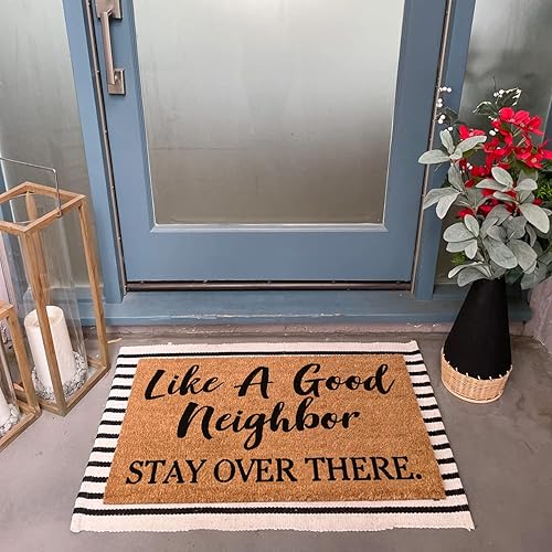 Miniatura 2 de Tapete divertido de fibra de coco de bienvenida, con texto en inglés «Like A Good Neighbor, Stay Over There», tapete antideslizante para exteriores