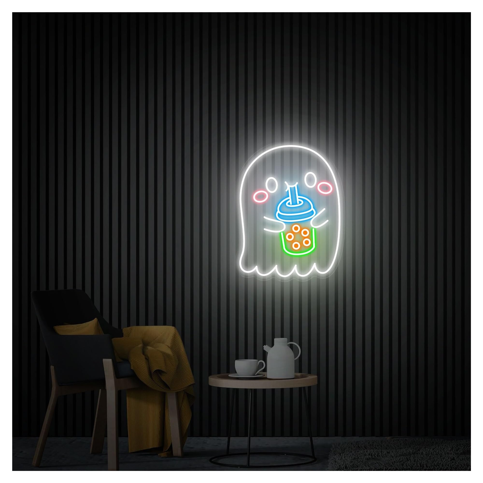 RONGCH Hanging Art Signs Ghost Drinking Bubble Tea Neon Sign,Suitable for Cafe Wall Decor with Dimmable 31cmx40cm(F)