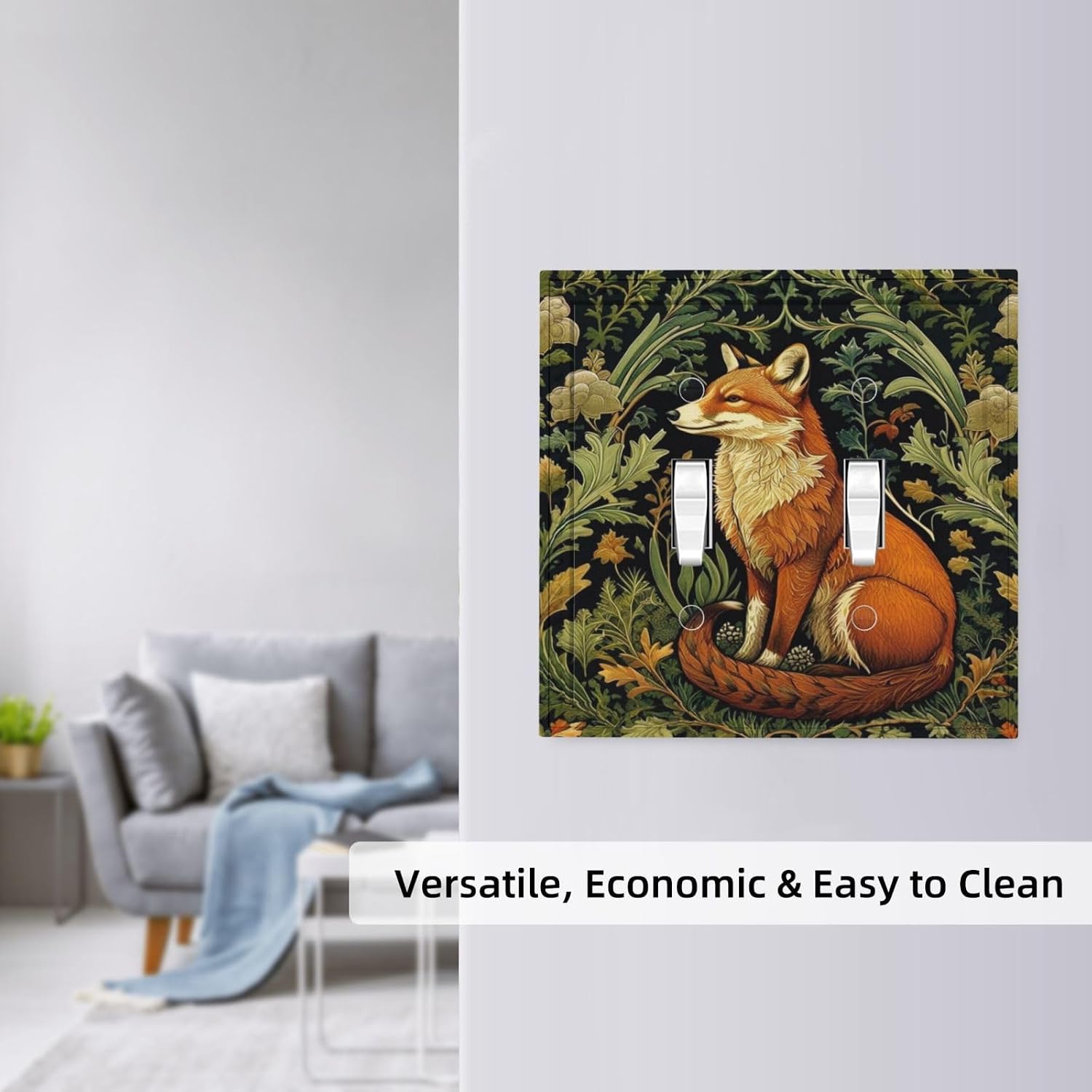 Vintage Red Fox Floral Double Toggle Plate Cover | Regal red fox amid botanical wreath. Woodland elegance for study, bedroom, cabin. Std double toggle.