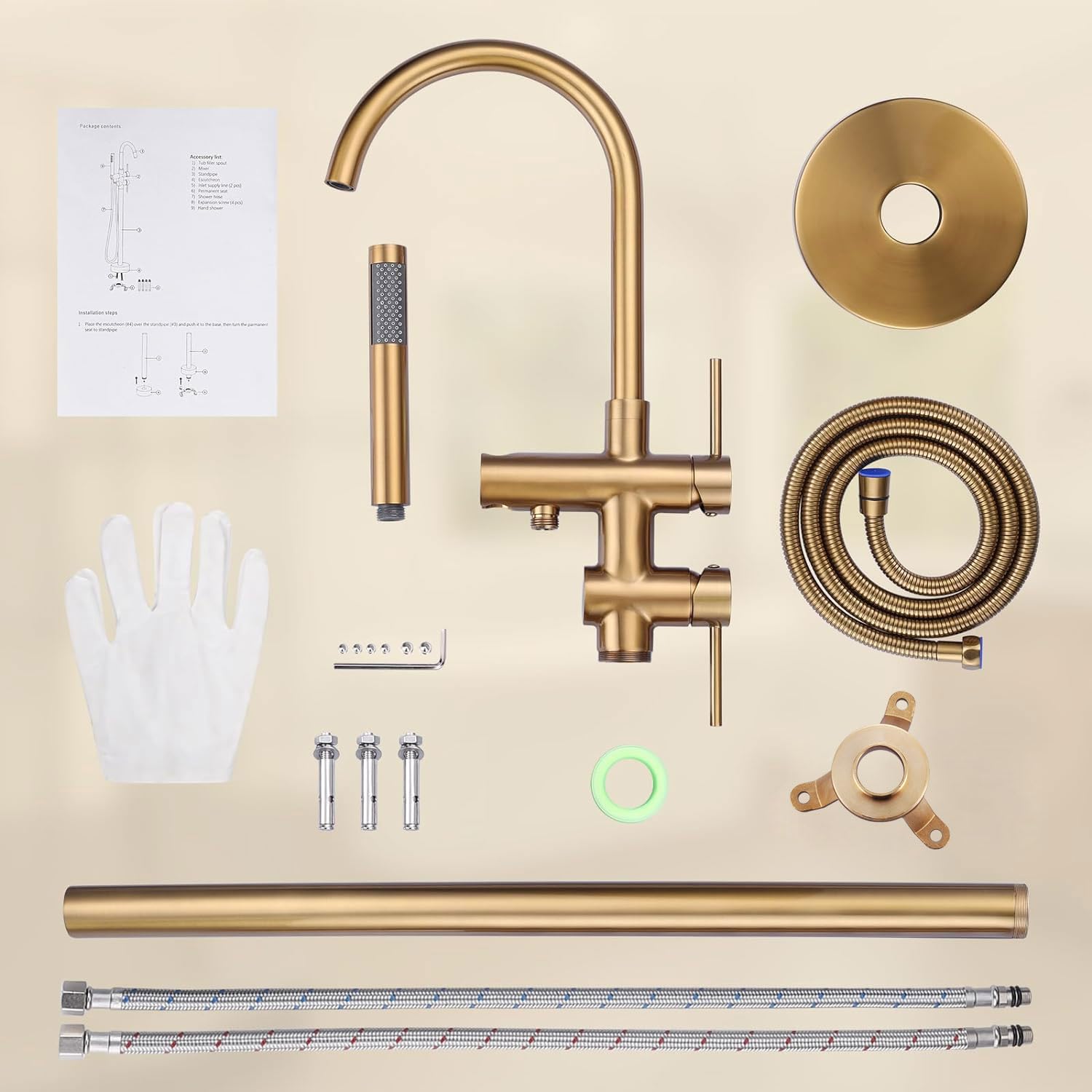 ARCORA Robinet de Baignoire sur Pied, Robinet de Bain avec Douchette et Tuyaux, Bec Pivotant À 360°, Mitigeur Cartouche en Céramique, Douche à Double Mode, pour Baignoires d'Hôtel ou Domestiques, Or
