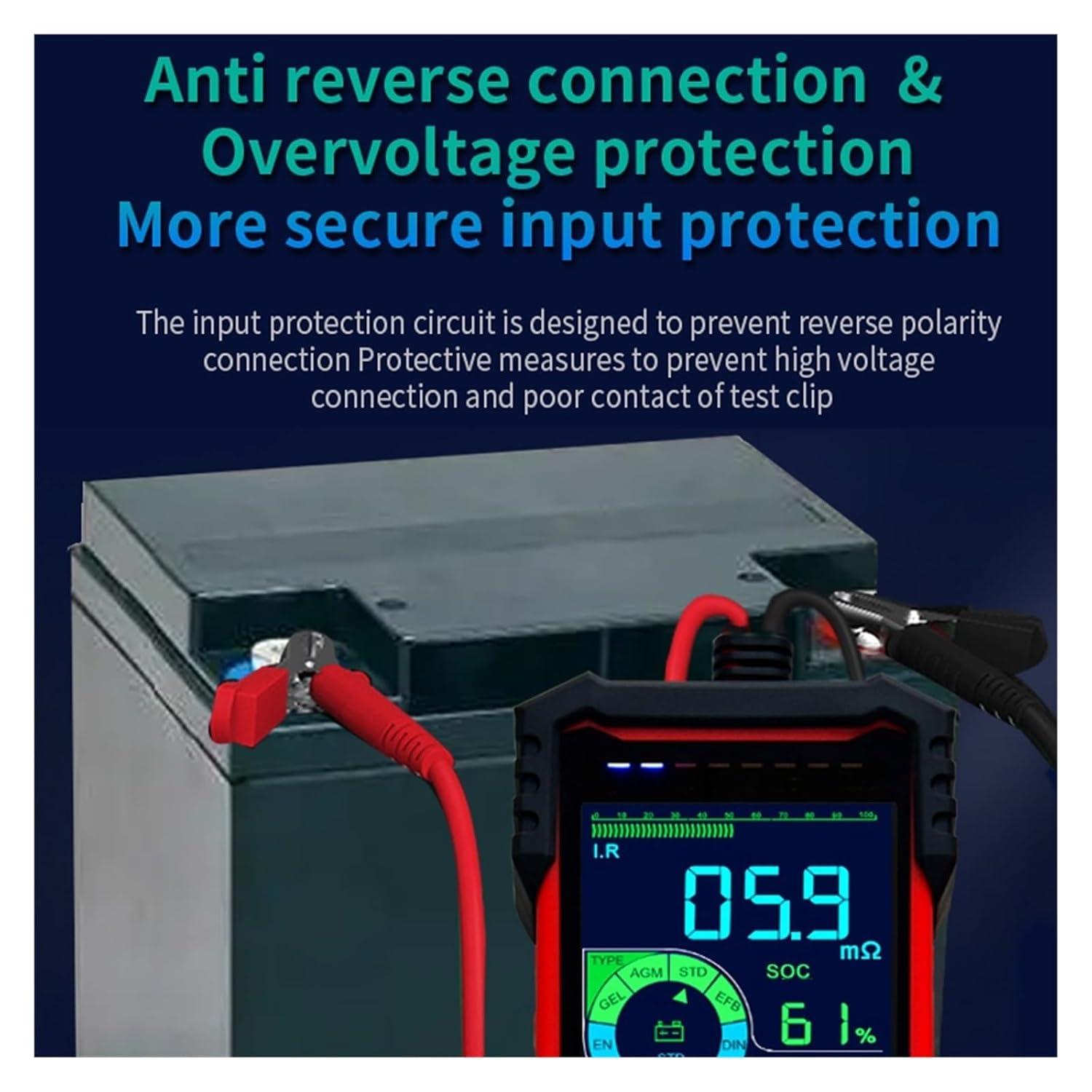 LIBODD ET2201 connected to a battery, showing anti-reverse connection and overvoltage protection