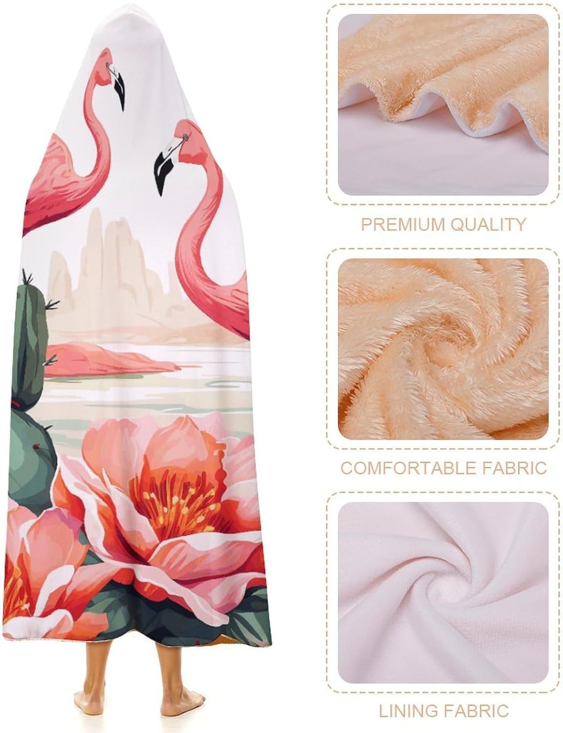 Green Flamingo Rose Flowers Wearable Hooded Blanket, Ultra Soft Arctic Velvet Cape Cloak Unisex - Cozy Wearable Blanket