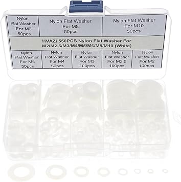 550pcs Flat Washers Nylon Washers Assortment Kit for M2 M2 M2.5 M3 M4 M5 M6 M8 M10 Screws/Bolts White