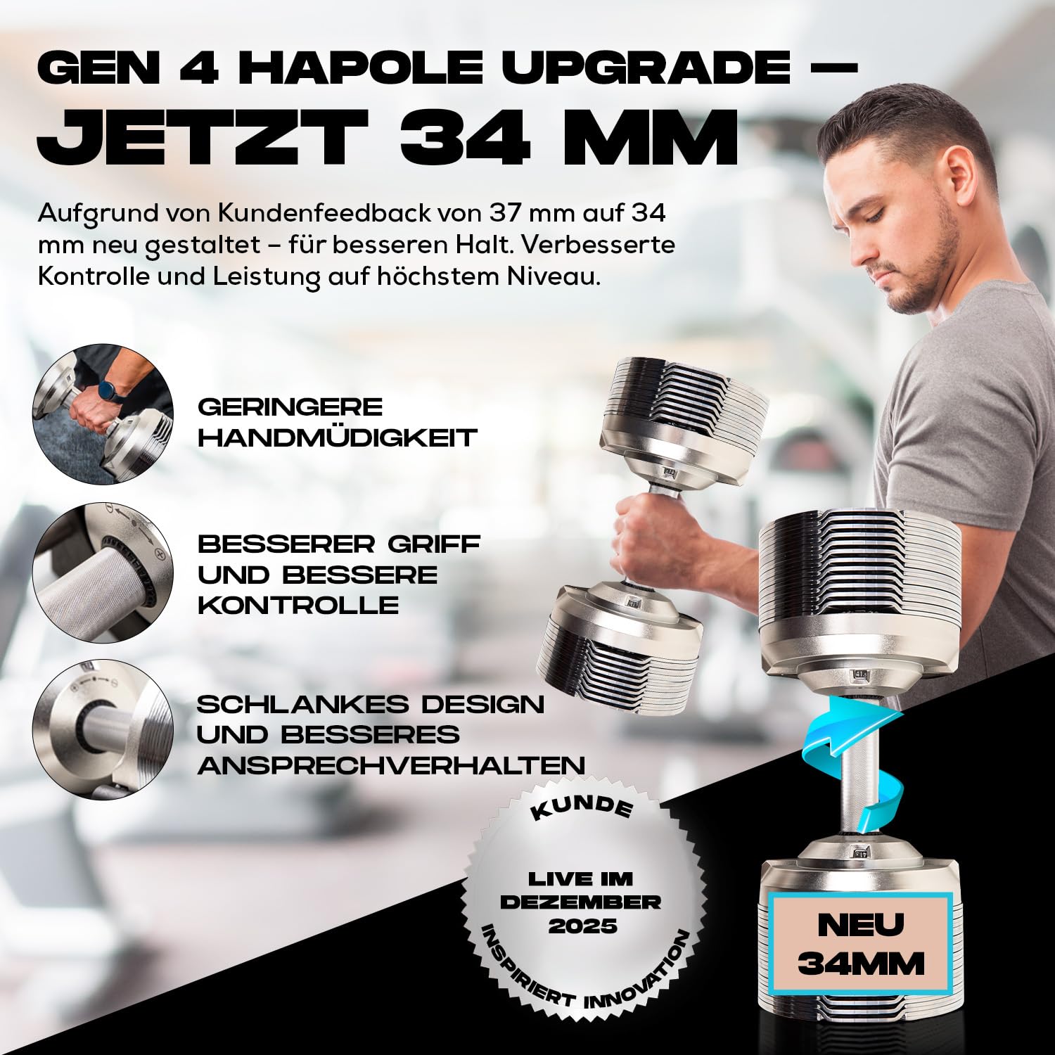 BRAINGAIN Verstellbare Kurzhantel Set 23,5kg / 32,5kg / 41,5kg – Jetzt mit 34mm Gen 4-Griff – Gewichte in 1 Sek wechseln – Platzsparendes Homegym – Mehrere Gewichte in einem – Chrom/Schwarz