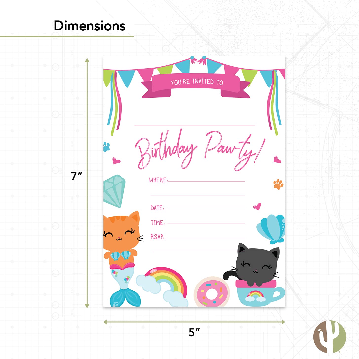 Einladungskarten zum Geburtstag, Katzen-Design, mit Umschlägen, 10 Stück
