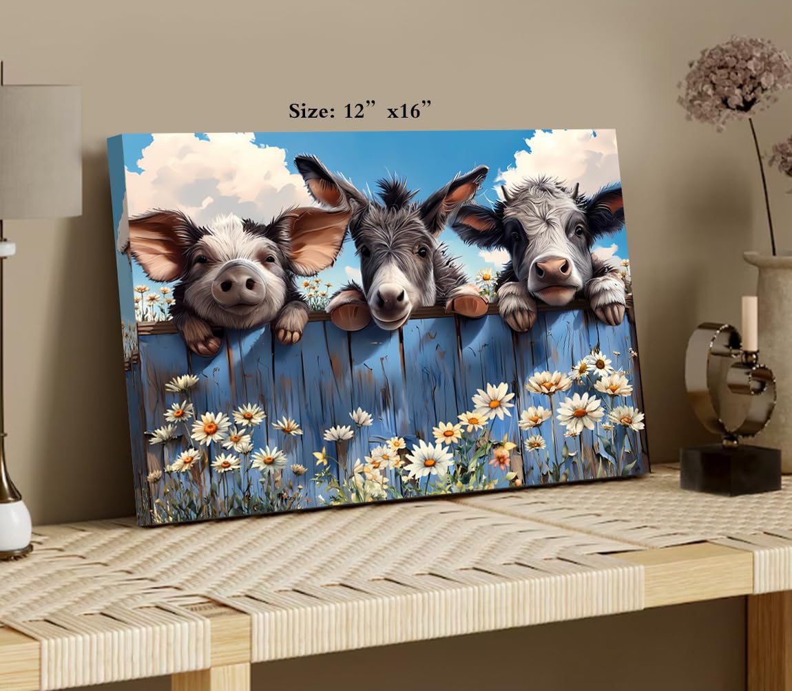 Farm Animals Canvas Wall Art Farmhouse Cow Donkey Pig Pictures Canvas Bathroom Decor Prints Painting,Rustic Animals Framed Artwork for Bedroom Living Room Kitchen Bathroom Decor12 x16