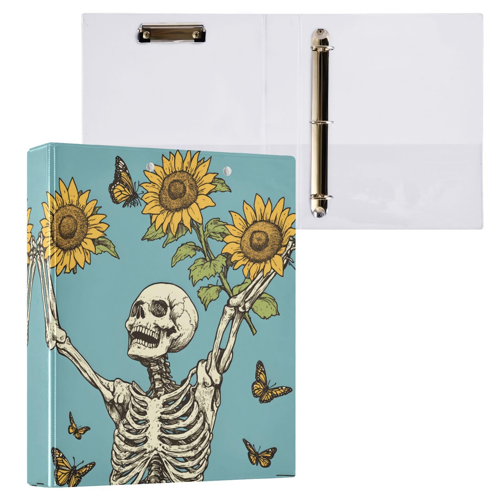 Confezione da 2 raccoglitori a 3 anelli, con teschio, girasoli, farfalla, 3,8 cm, con 3 tasche trasparenti, portablocco e contiene 200 fogli, per ufficio, scuola, organizzazione domestica