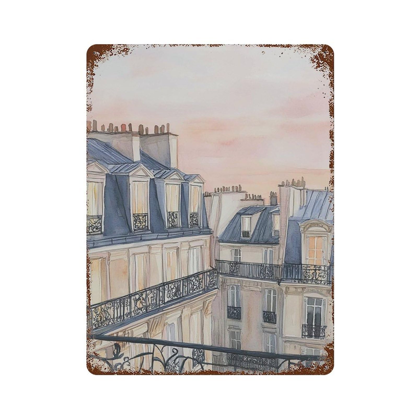 xiaoxiaoshen Paris Rooftop Sunset Romantic French Balcony Haussmann Architecture Parisian Vie Wall Decor Art Metal Tin Poster Modern Home Decor Art Home Bar Shop Decorations Vintage Sign 40x30cm