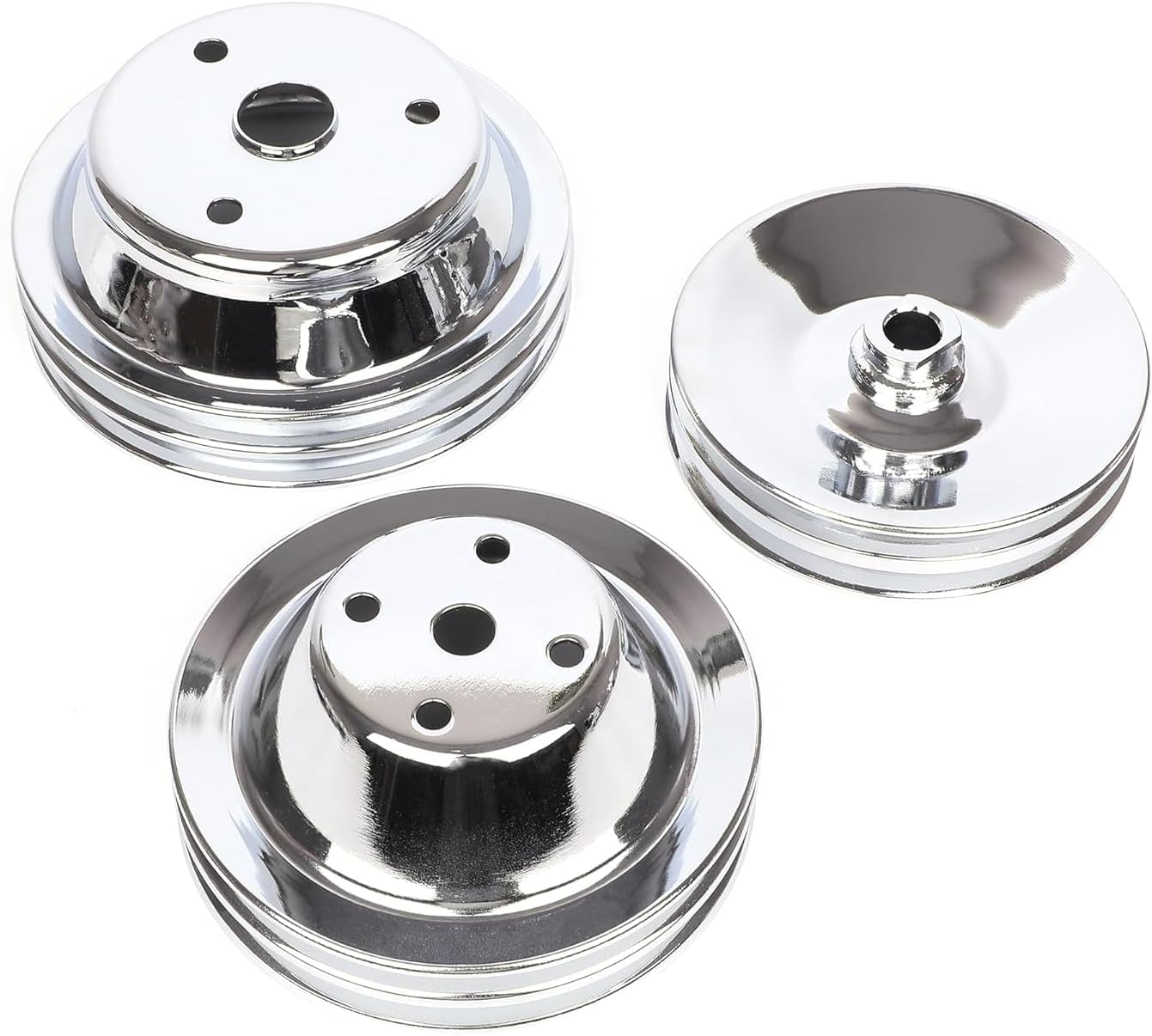 Chrome Steel Upper Long Water Pump (2 Groove) & Crankshaft (2 Groove) Power Steering Pulley Kit Compatible with Chevy SBC 305 350 Small Block