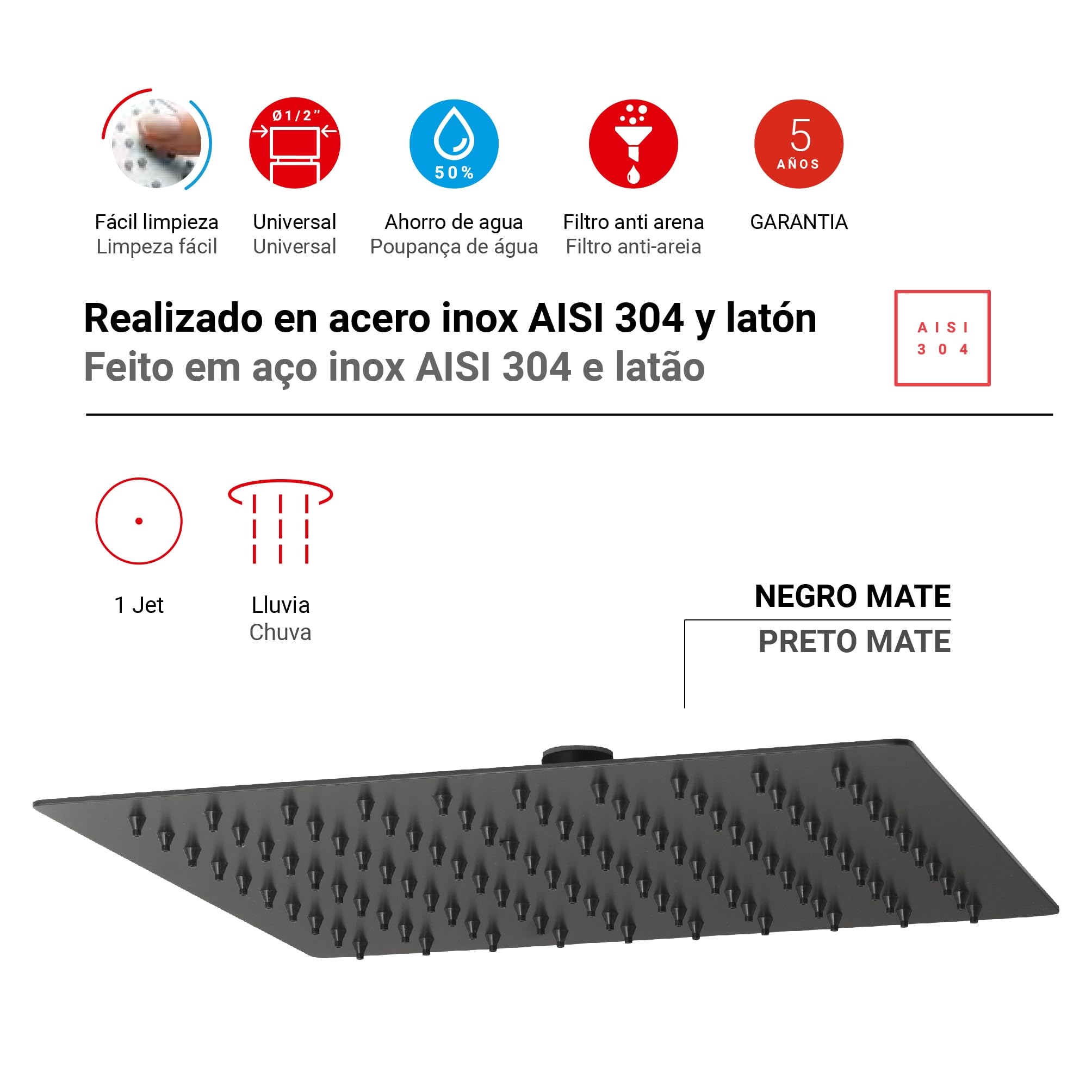 Gedy Rociador para ducha 1 Jet Tech 15 25 cm Negro Mate