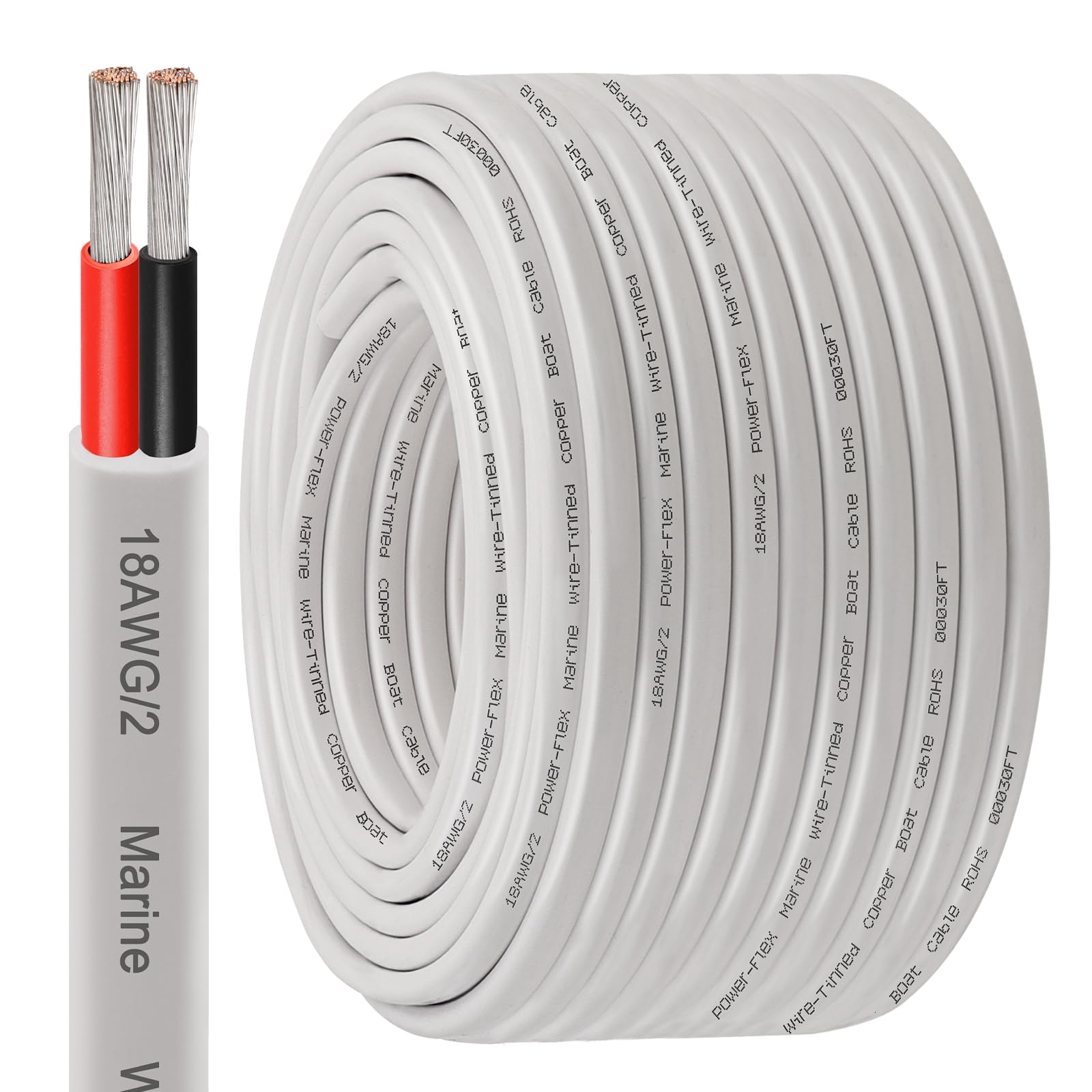 XRDS -RF 18 AWG Marine Wire 200FT, 2-Conductor (Red & Black) Duplex Marine Grade Boat Cable, High-Strand Tinned Copper Electrical Wire, Flexible PVC Jacket for Boats, RVs, Trailers & Solar