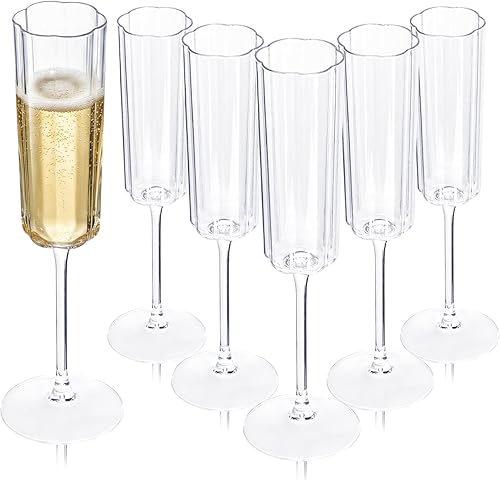 Ciaell 24 Pack Plastic Champagne Flutes - 6 Oz Flower Wavy Champagne Plastic Glasses - Heavy Duty Vintage Disposable Flutes for Party & Anniversary