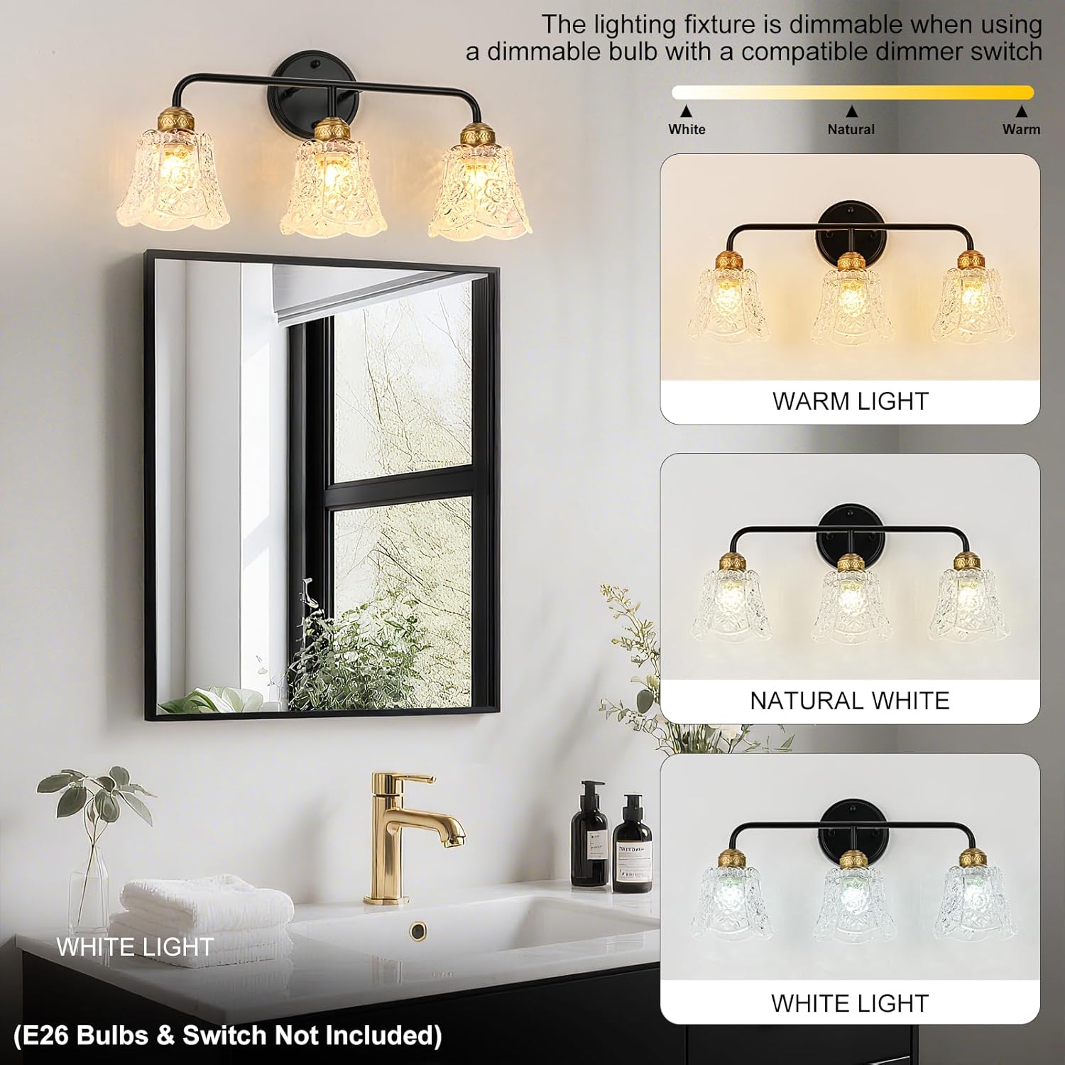 YUNICE Vintage Vanity Light Black and Gold Vanity Light Bathroom Ligh Fixtures Over Mirror Brushed Black and Gold Bathroom Light Fixture with White Glass Flower Shade
