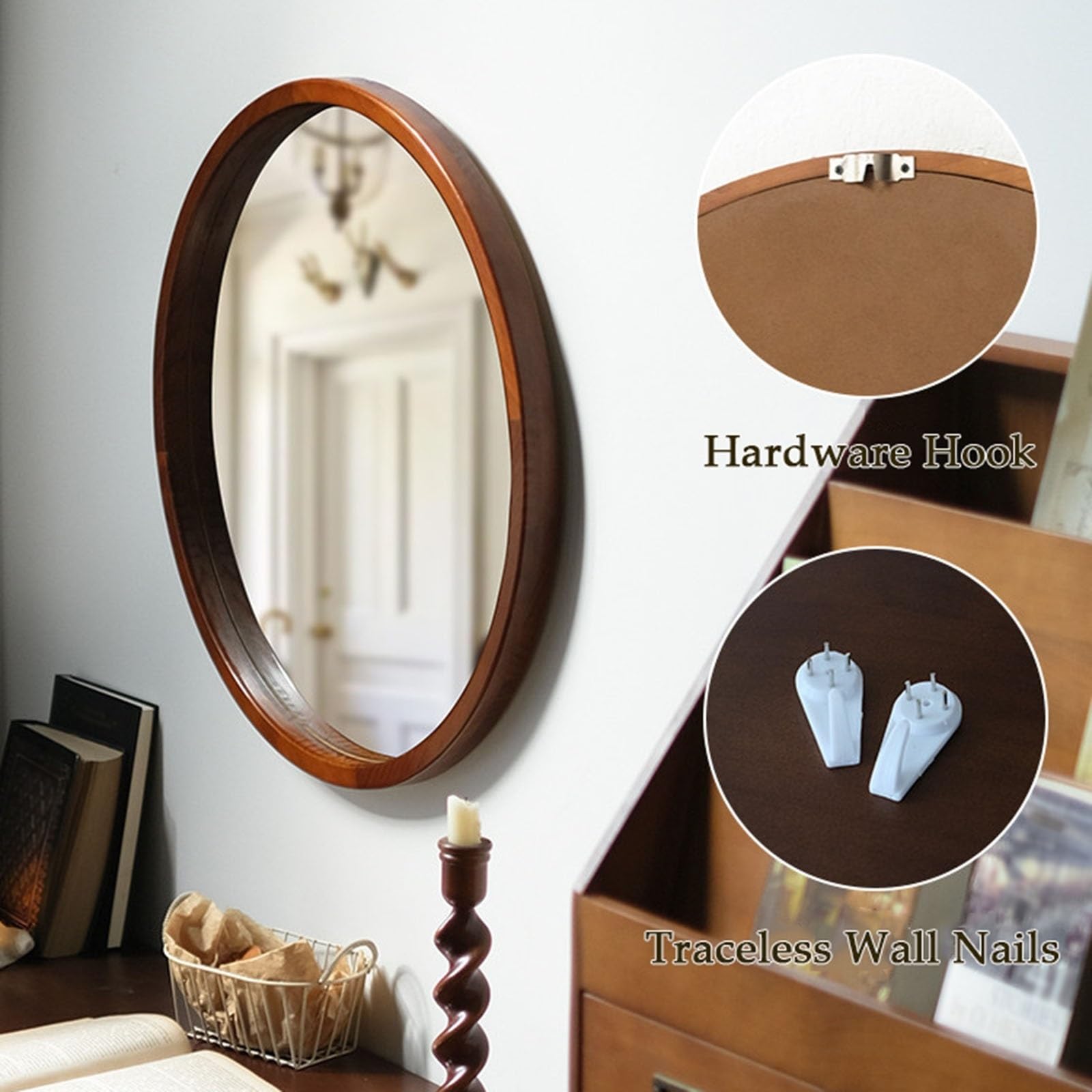 55 cm HD-Schminkspiegel Runder Wandspiegel Mit Holzrahmen, Hängend/Lehnend, Für Wohnzimmer Schlafzimmer Wandspiegel, Original Holz/Walnuss(Yellow)