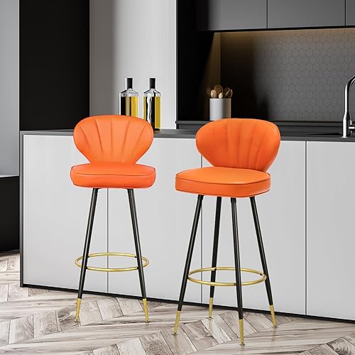 Miniatura 4 de MoNiBloom Taburetes de bar modernos, elegante juego de 2, sillas naranjas de altura de mostrador con reposapiés dorado, tapizados de piel sintética