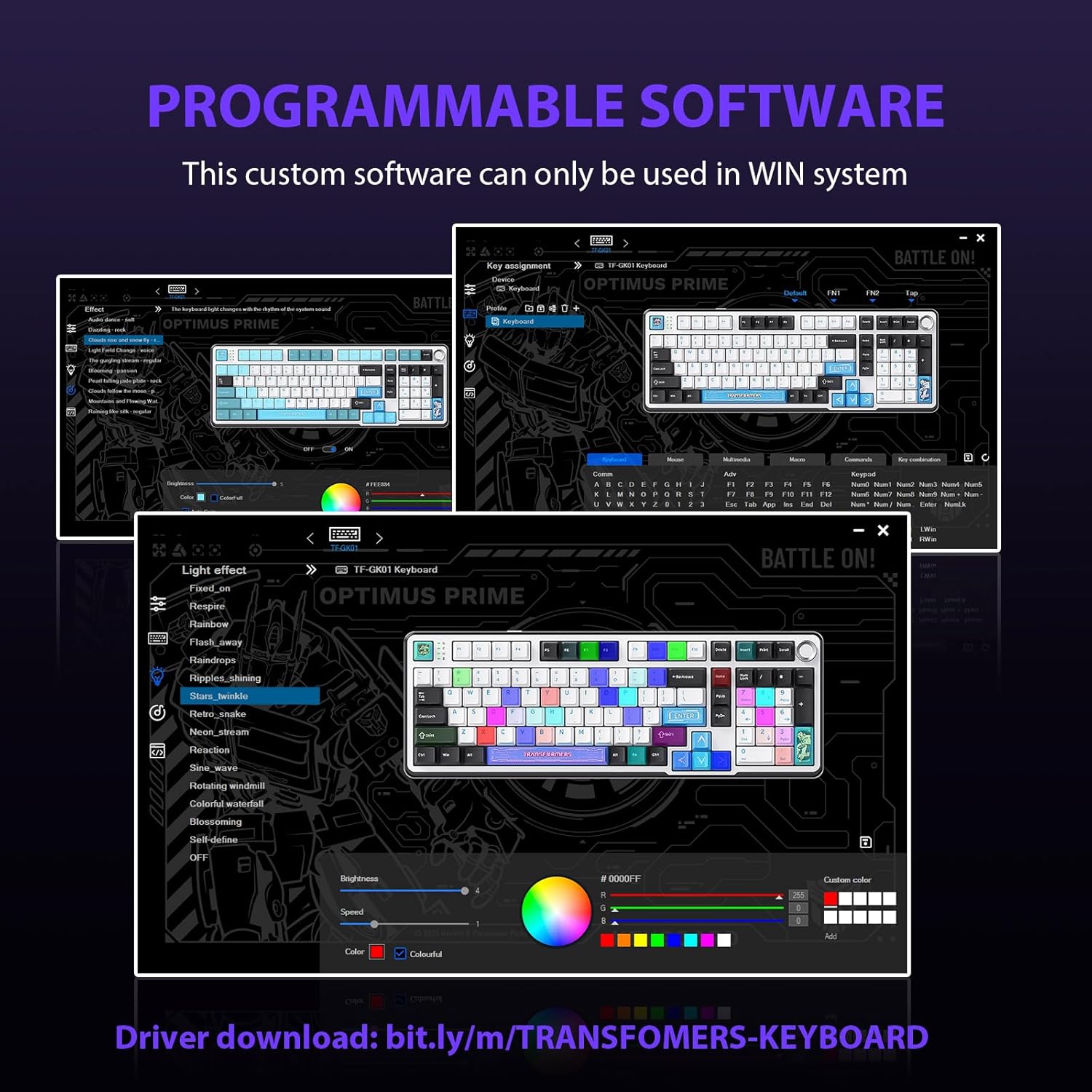Screenshots of the programmable software interface for the keyboard, showing key assignment and lighting effects.