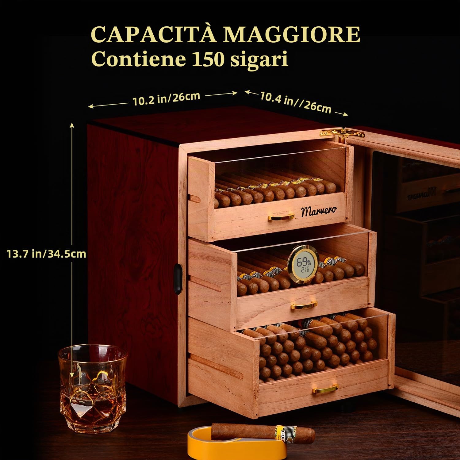 Humidor in Cedro Fatto a Mano, 150 Sigari, Igrometro | 3 cassetti in cedro, doppia porta in vetro, igrometro digitale e umidificatore; armadio artigianale per 150 sigari