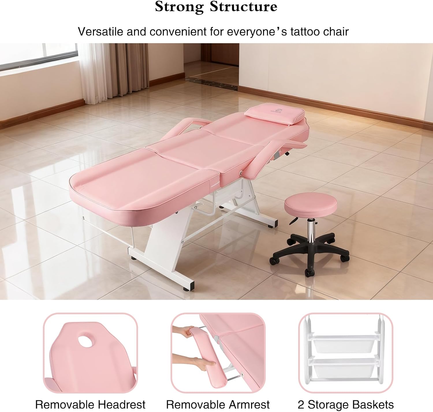 Facial Chair,73″ Tattoo Chair for Client,3-Section Adjustable Massage Table with Stool,Multipurpose Beauty Beds Salon Equipment for Esthetician,Tattooshop,Spa (Pink) - Image 5