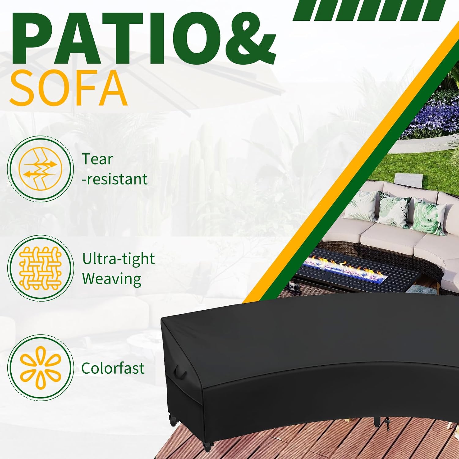 Outdoor Curved Sofa Cover, 420D Oxford Sectional Couch Sofa Covers Waterproof Protector Garden Patio Curved Sofa Furniture Covers (Black, 190"(Back)/126"(Front)x32"(D))