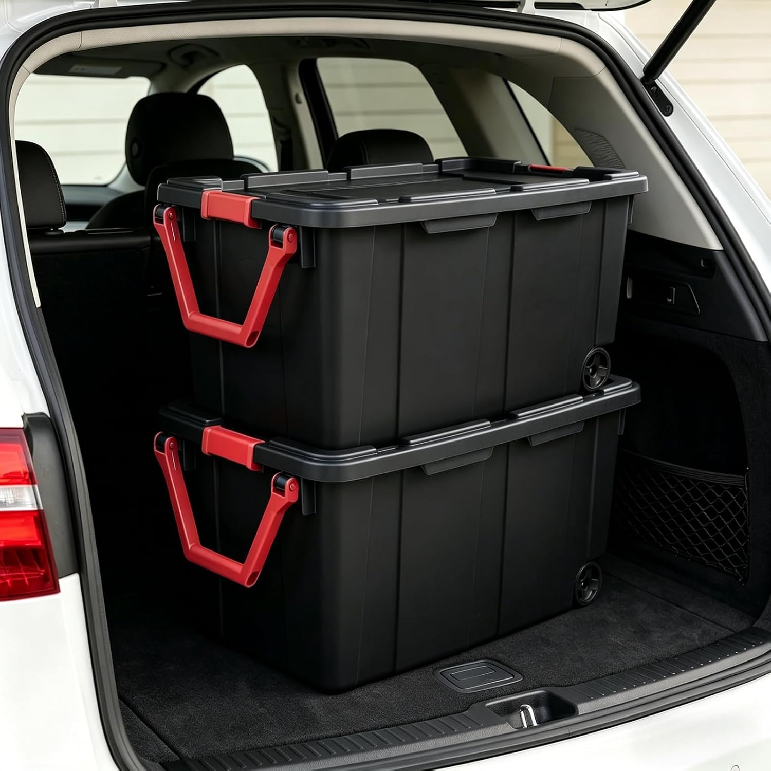 2 Pieces, 160 Quarts of Wheeled Storage Boxes, Super Large Durable Transparent Boxes, with Lock Covers and Handles, Suitable for Moving, Garage, and Tool Room Storage (Black and Red)