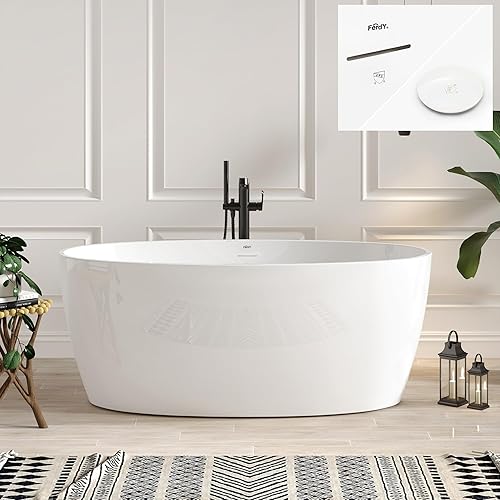 Miniatura 61 de FerdY Bali - Bañera de acrílico independiente, bañera de inmersión independiente con forma graciosa, certificado CUPC blanco brillante, drenaje