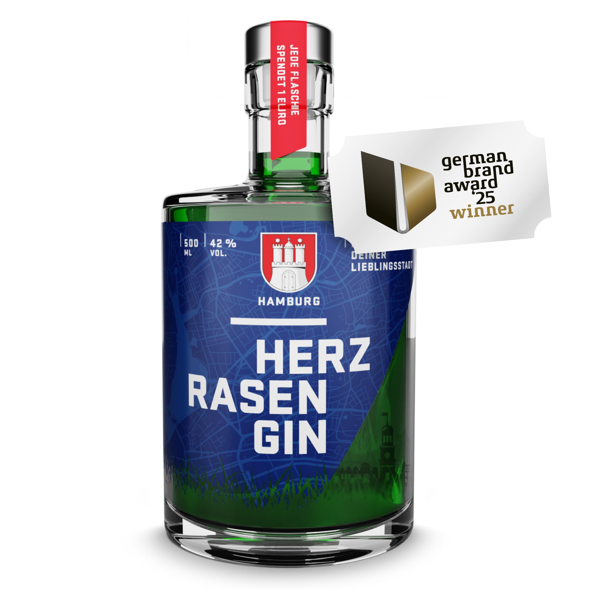 HERZRASEN GIN Hamburg Edition 0,5l | Premium Dry Gin 42% Vol. | Grüner Schnaps mit Hamburger Rasen | zitronig spritzig mit ausgewählten Zutaten I Geschenk zum Geburtstag & Ostern