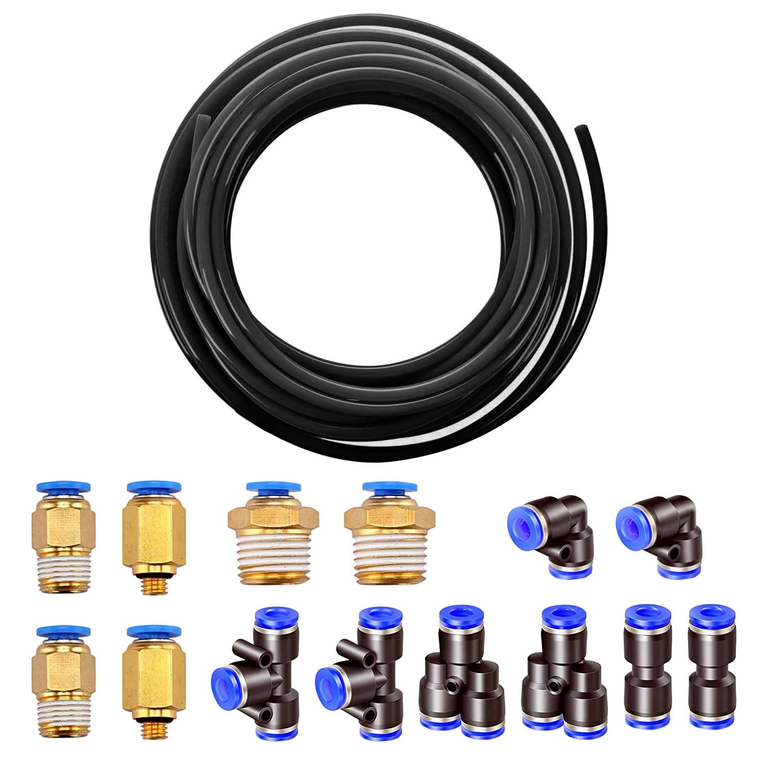 Tuyau Pneumatique PU 20 Mètres - Diamètre 6 Mm (intérieur 4 Mm) - Avec 21 Connecteurs (Droits, Coudes, Raccords) - Pour Système Air Comprimé Atelier, Garage
