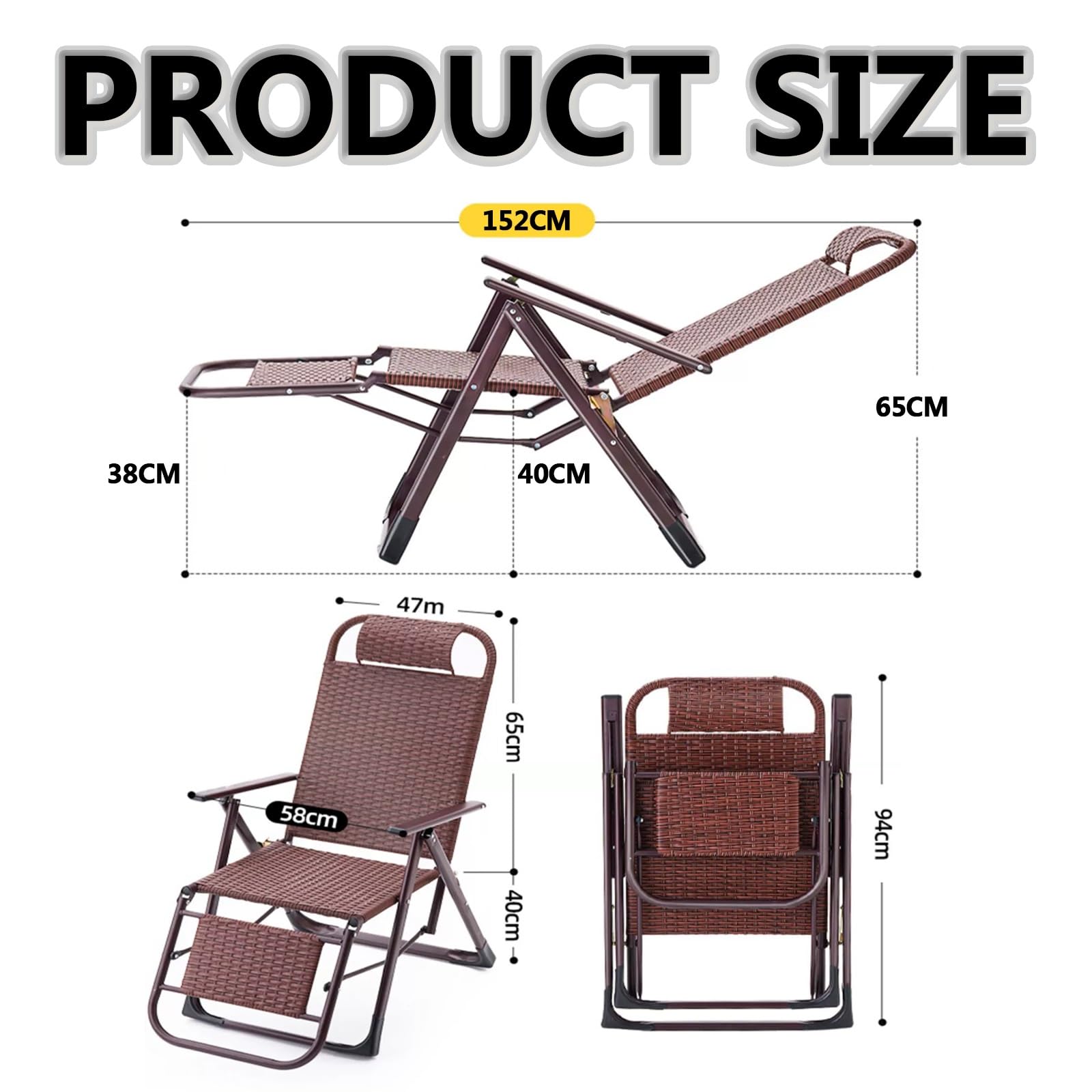 Ratán Tumbona Playa Plegable Ligera,tumbonas Jardin Exterior,silla Gravedad Cero Tumbona De Relax,Portátil Tumbonas Con Reposabrazos, Respaldo Ajustable,respirable,ahorra Espacio. ( Color : Brown )