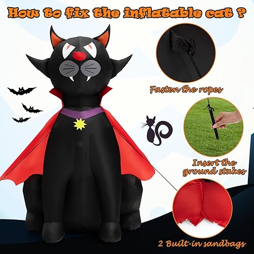 Miniatura 7 de Tangkula Gato negro vampiro inflable de Halloween de 4.7 pies con capa roja, decoración navideña inflable con 2 luces LED integradas, 2 sacos de