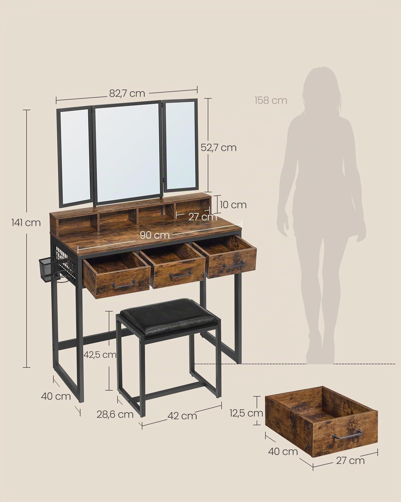 VASAGLE Doppel-Unterschrank-Set mit gepolstertem Hocker, Schminktisch mit Dreispiegel, 3 Schubladen, Haartrockner, Schminktisch, industrieller Stil, rustikal braun und schwarz RVT004B01