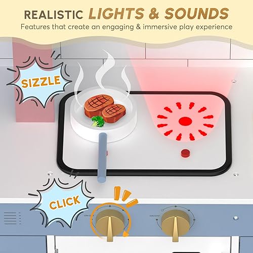 Miniatura 2 de BIERUM Juego de cocina con luces y sonidos realistas, juego de cocina de madera para niños pequeños, cocina de juguete con 26 accesorios de comida y