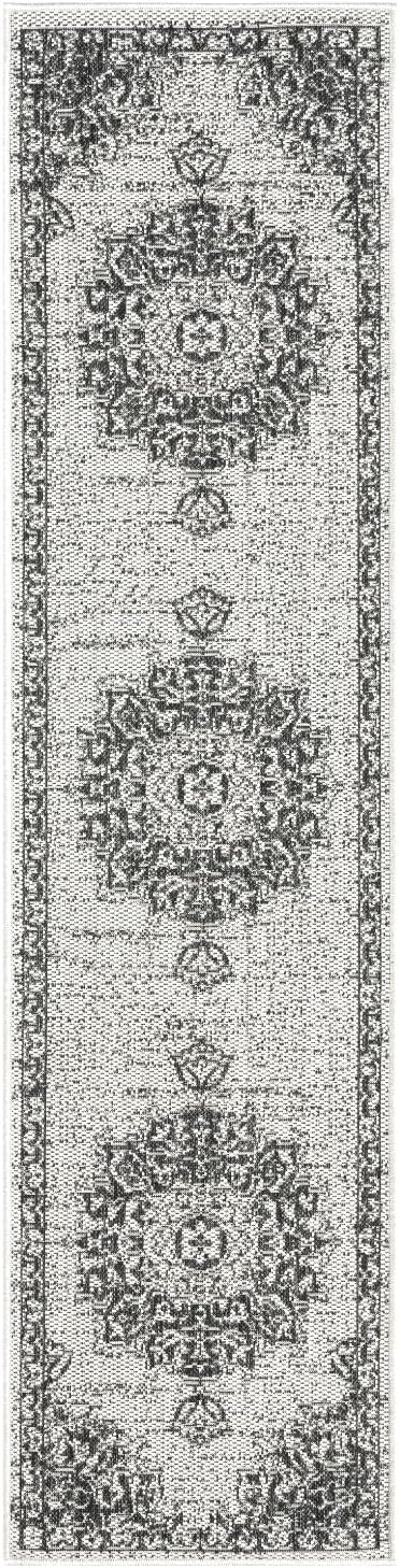 nicole miller new york patio country azalea transitional medallion indoor/outdoor area rug, grey/black, 1'9"x7'2" grey/black 1'10" x 7'3" (rectangular)