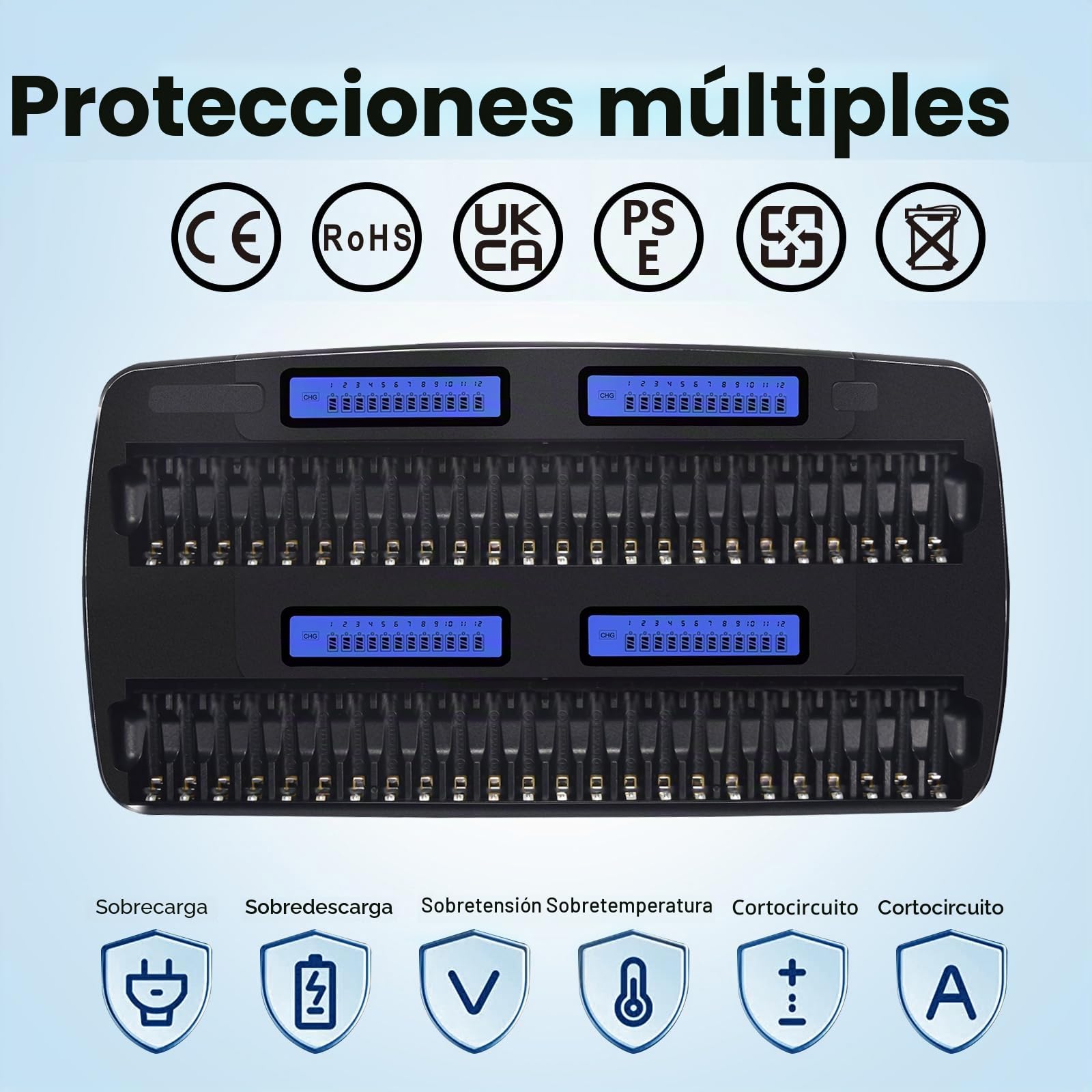 Cargador de Pilas AA AAA 48 Ranura - LCD Cargador de Batería Inteligente Rápido Universal para Recargables AA y AAA Ni-MH/Ni-CD Pilas, No se Incluyen Pilas