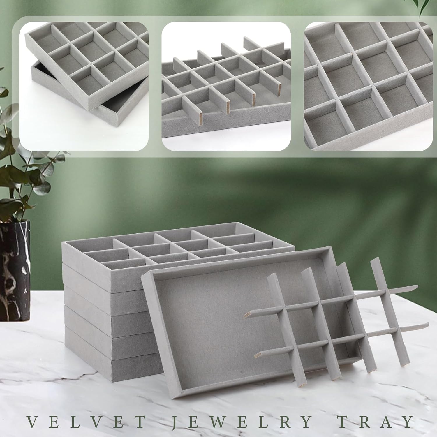Inbagi 12 Pcs Small Velvet Jewelry Tray Stackable Jewelry Drawers Insert Divided Organizer Trays Storage Display Trays (Gray)