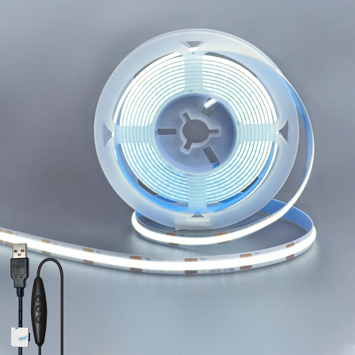 5V 8mm Width USB COB LED Strip Lights with Dimmable Switch,Cool White 6500K,320LEDs/M,8W/M,CRI90,6.56FT/2M,Electroplated Double-Sided Panel Light Strip,Waterproof IP20,for Indoor Decoration