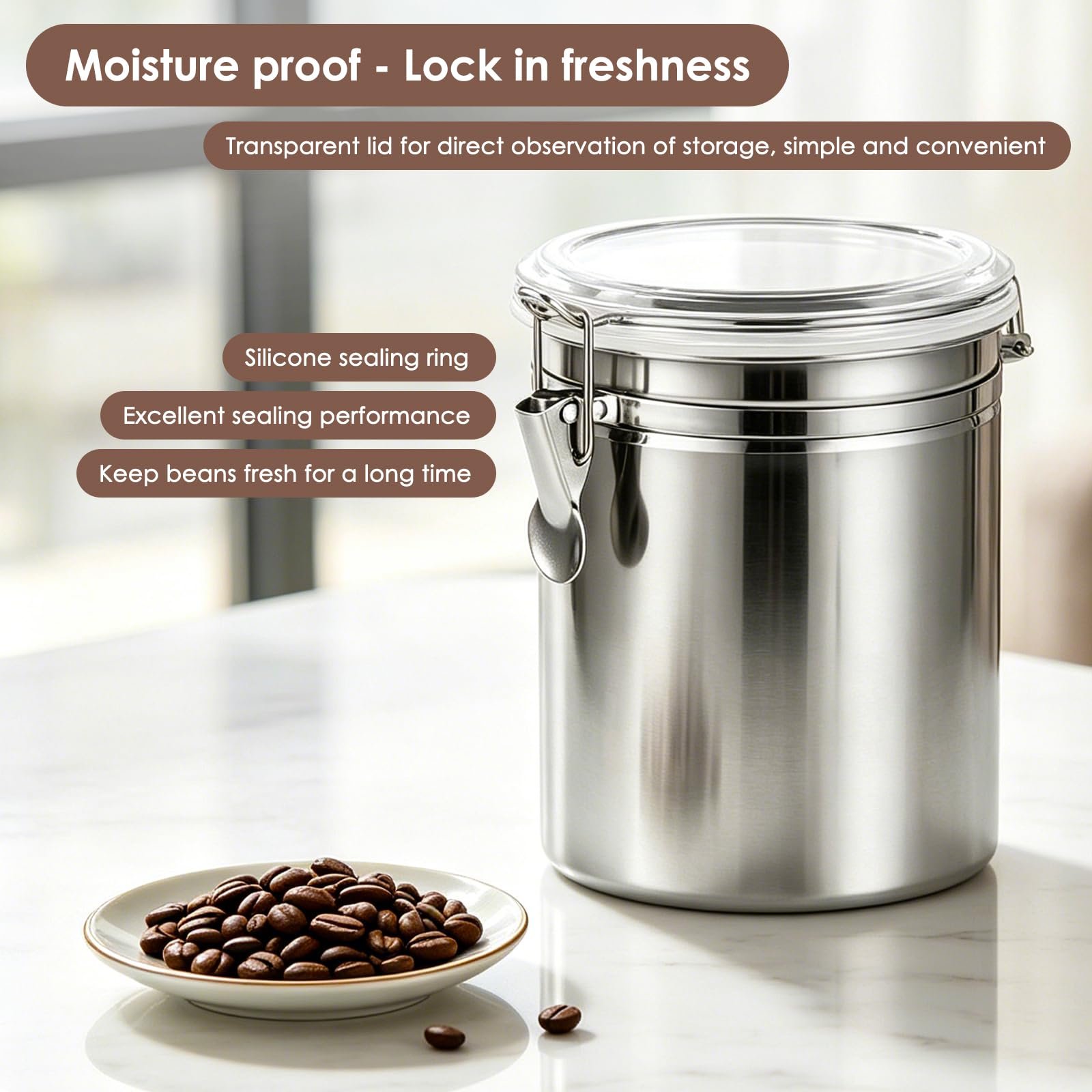 2 contenitori per chicchi di caffè con coperchio, 2 l, in acciaio inox, per la protezione dell'aroma del caffè, per chicchi di caffè, farina, tè o zucchero