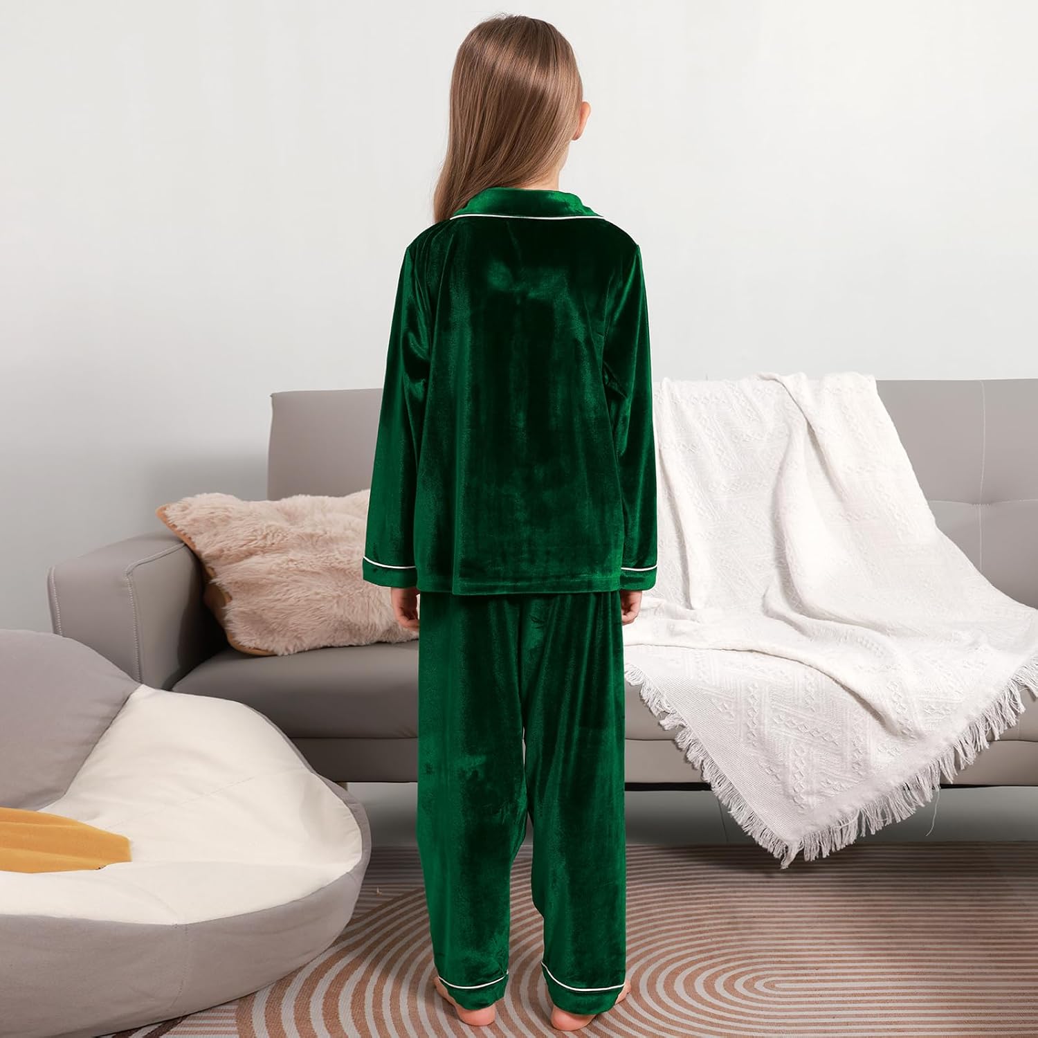 Weixinbuy Girls Velvet Pajamas Set Long Sleeve Solid Laple Pajama Button-Up Sleepwear 4-14Y Kids Fall Winter Clothes Outfits - Image 5