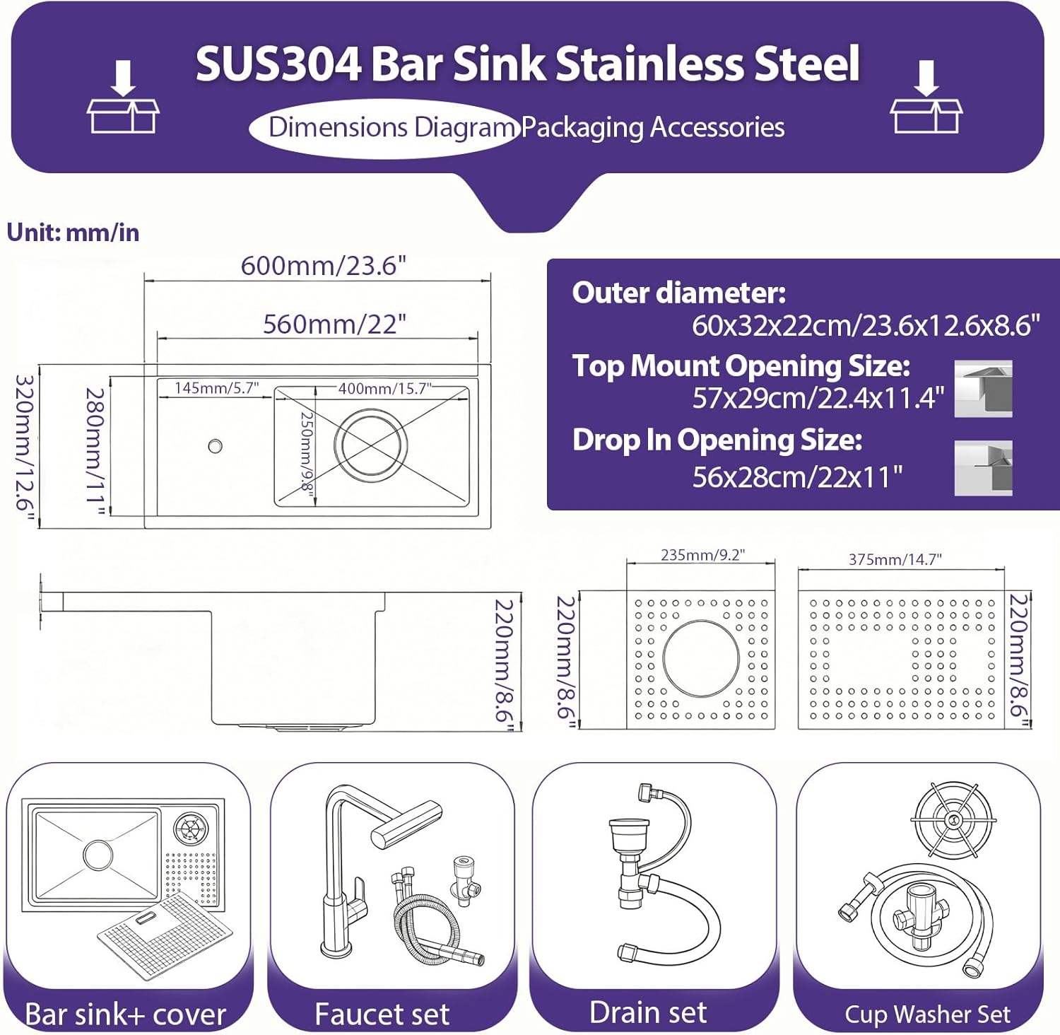 Narrow Edge Stainless Steel Kitchen Sink With Faucet And Glass Rinser, Multifunction Bar Prep Sink 3 Installation Options, Modern Minimalist Sink For Kitchen, Apartment(Black-Gray#2,60 x 32 m)