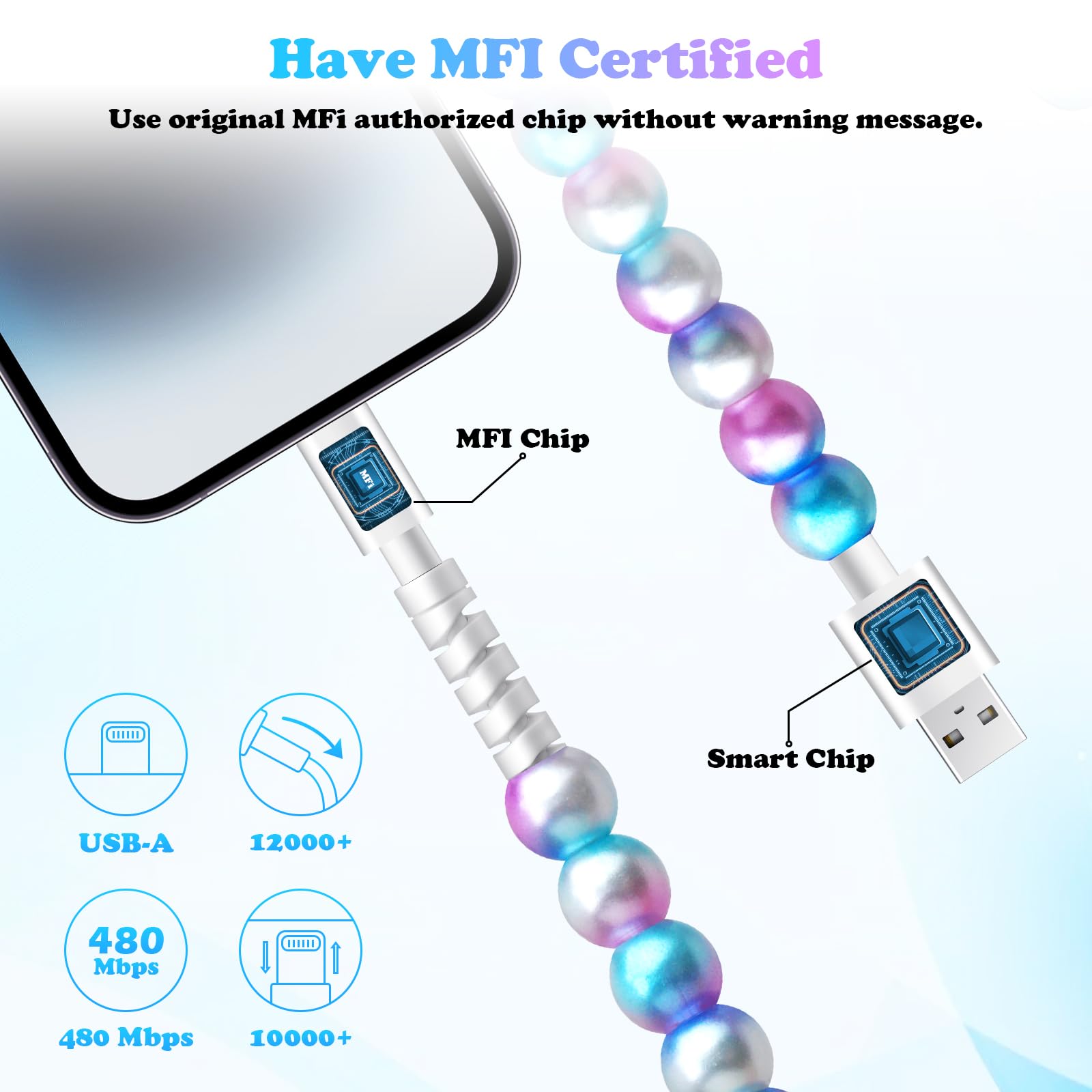 Cavo USB C veloce da USB a USB C cavo di ricarica per ragazze 3,3 FT carino perla perline USB tipo C cavo di ricarica per telefono cavo di ricarica per iPhone 16 Pro Max 15 Pro Max Plus Galaxy