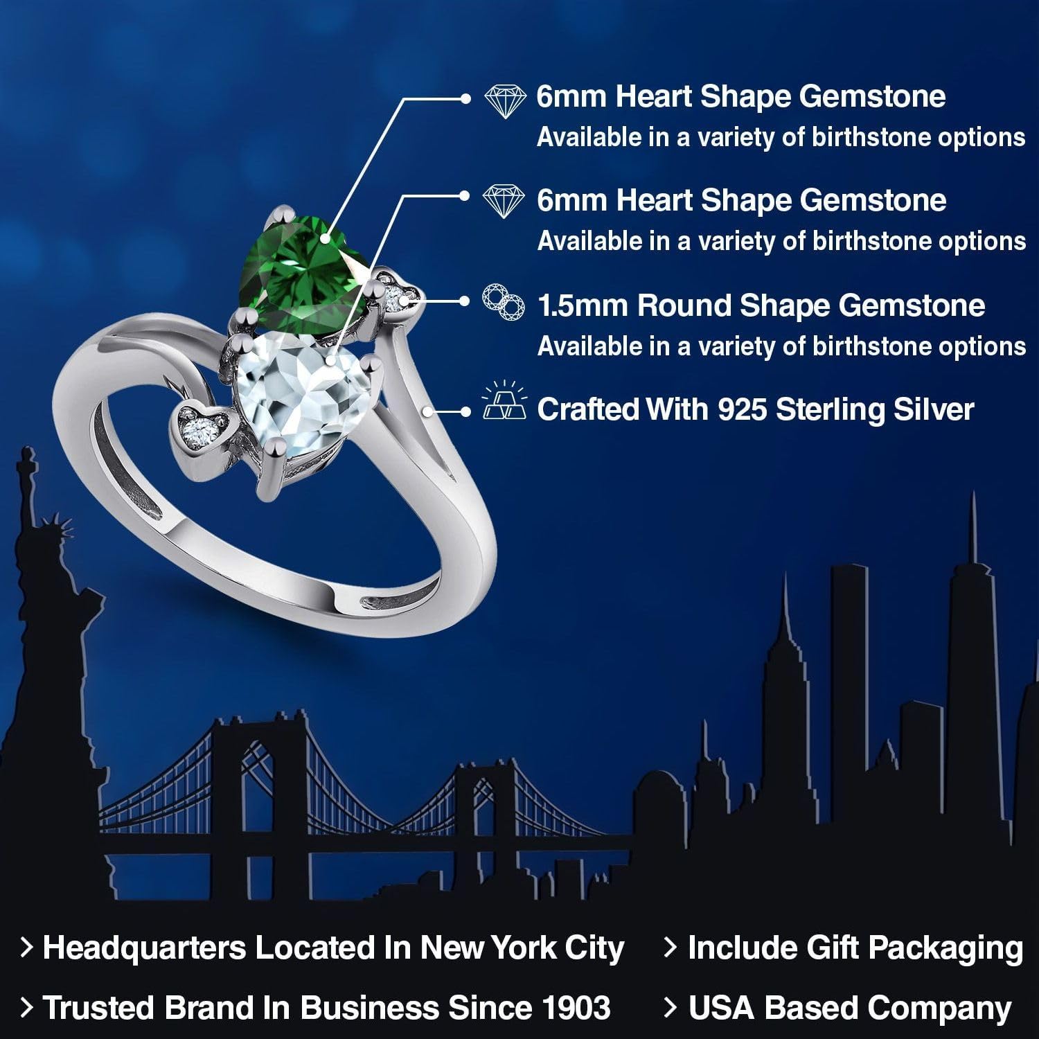 Gem Stone King 925 Sterling Silver Green Nano Emerald Sky Blue Aquamarine Ring For Women (1.38 Cttw, Heart Shape 6MM, Gemstone May Birthstone)