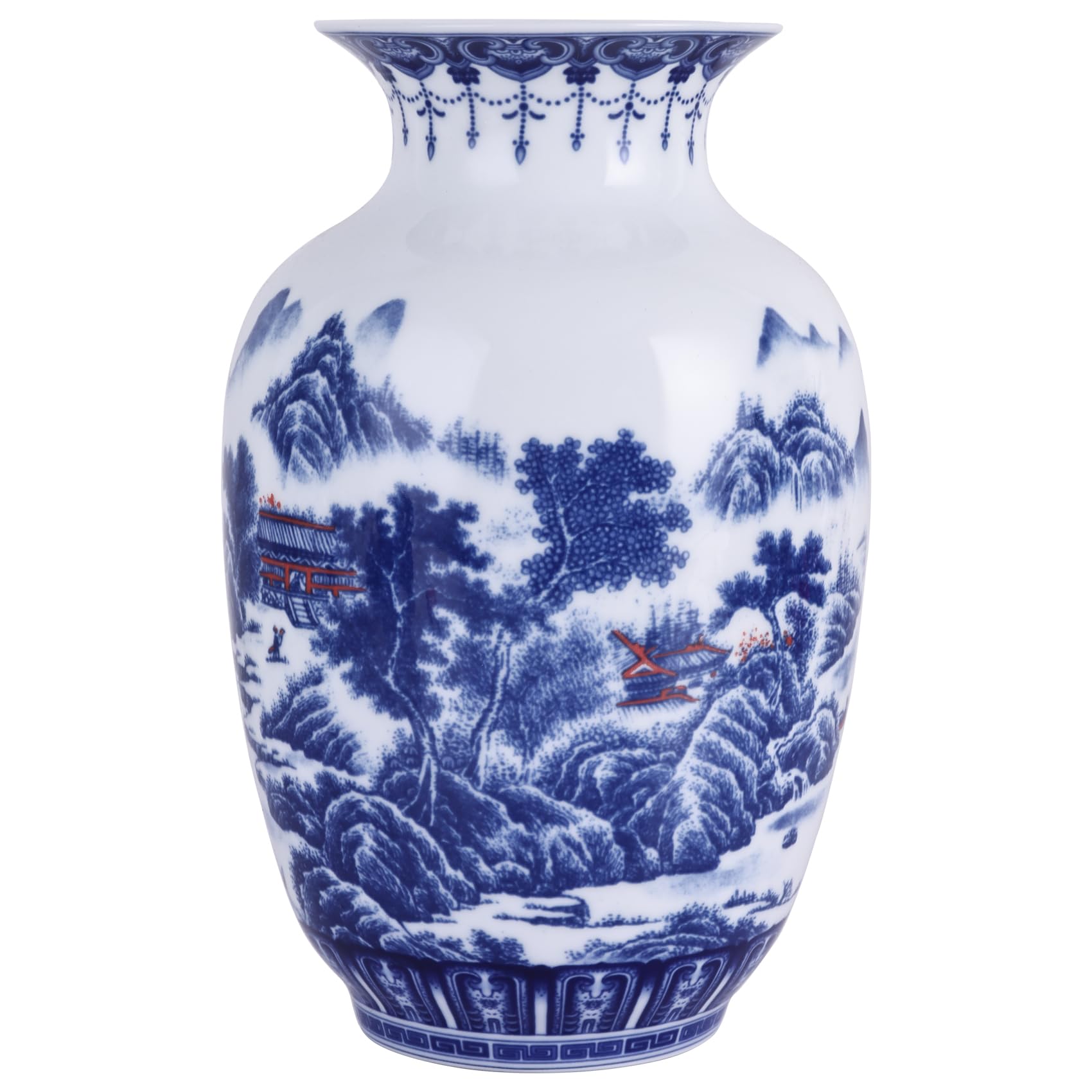 Vaso artigianale in porcellana blu e bianca, corpo sottile, design tradizionale cinese con zucca invernale a parete sottile e bocca larga, perfetto per la decorazione della casa, della scrivania e