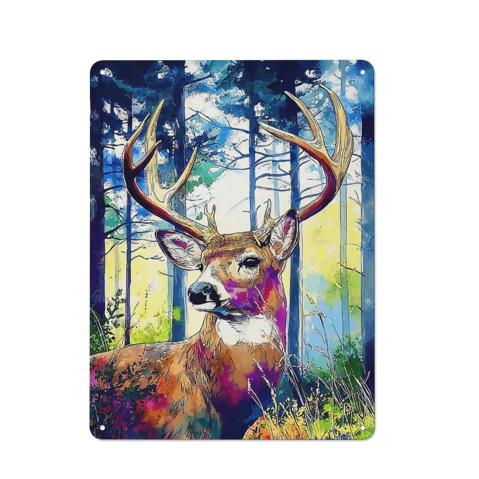 Junmoney Colorful Forest Deer Portrait Character Decorative Tin Plaque 40X30cm Featuring Small Space Decor For Bedroom, Kitchen, Office Or Living Room