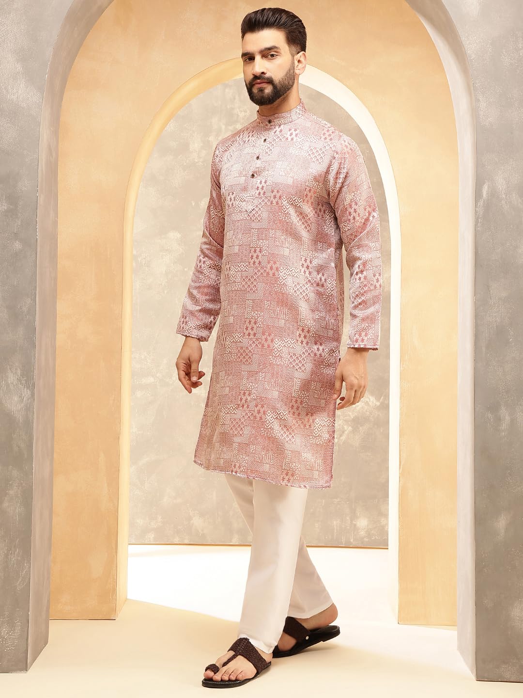 Sojanya (Since 1958 Men's Jacquard Silk Red Only Long Kurta