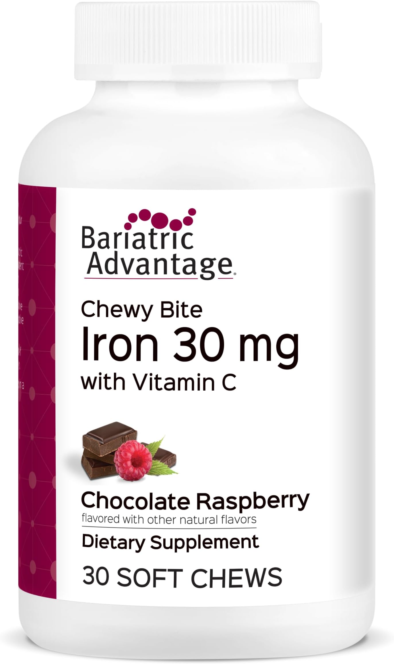 Iron 30 mg Chewy Bite with Vitamin C - for Bariatric Patients - Sugar-Free - Chocolate Raspberry - 30 Count