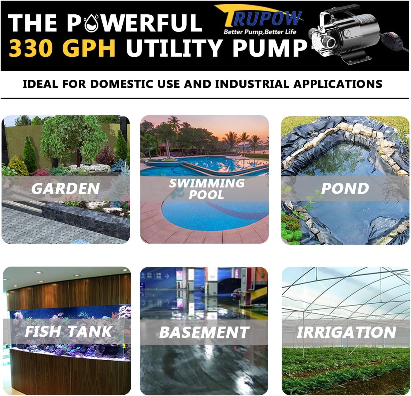 Trupow 1/10HP 330GPH 115-Volt Mini Portable Electric Utility Sump Transfer Water Pump with ON/OFF Switch and Water Hose Kit
