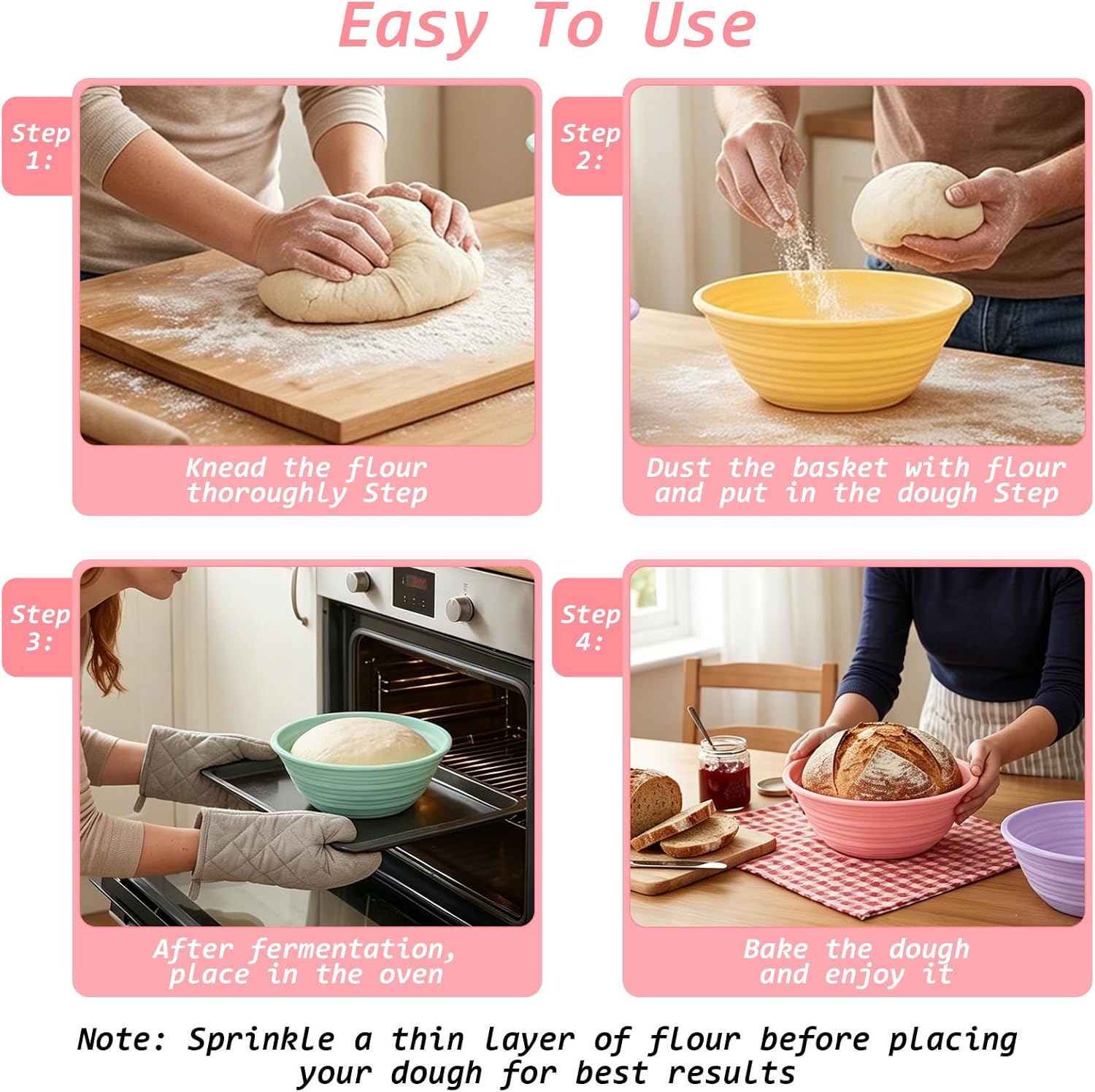 4 Pcs 9" Silicone Bread Proofing Basket, Round Banneton Dough Proofing Bowl