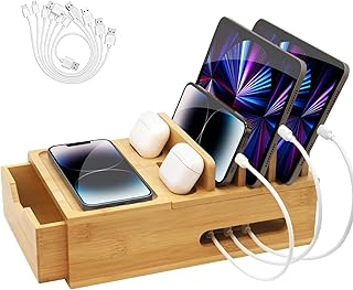 Bamboo Charging Station for Multiple Devices, Desktop Wood Charger Organizer with Drawer & Tray -Included 6 Cables, Compatible with Multi Devices, Cell Phone, Tablet, Earphones (No USB Charger)