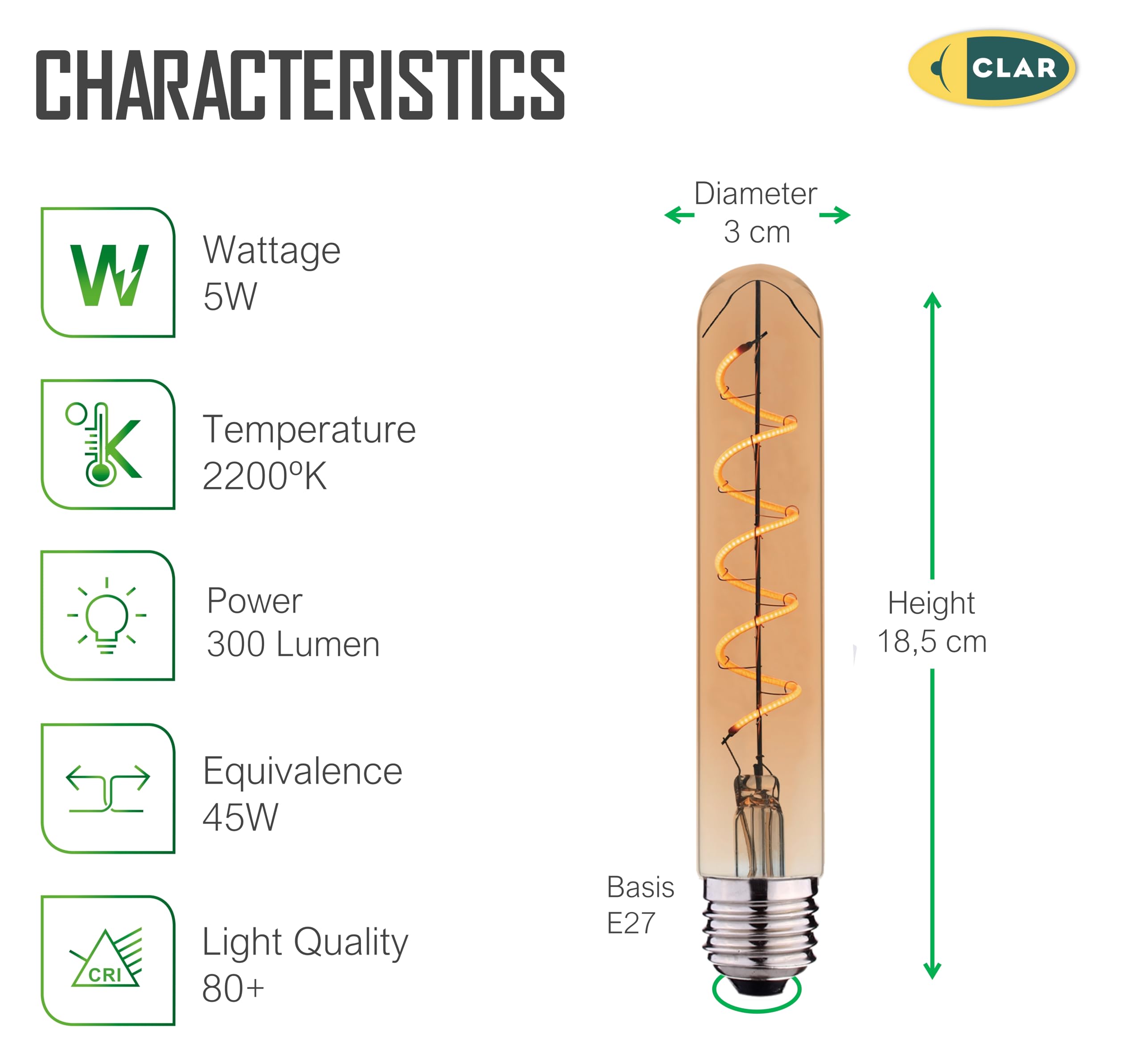 CLAR - LED Vintage Glühbirne E27 5W Amber, Edison Retro Leuchtmittel (Pack 5)