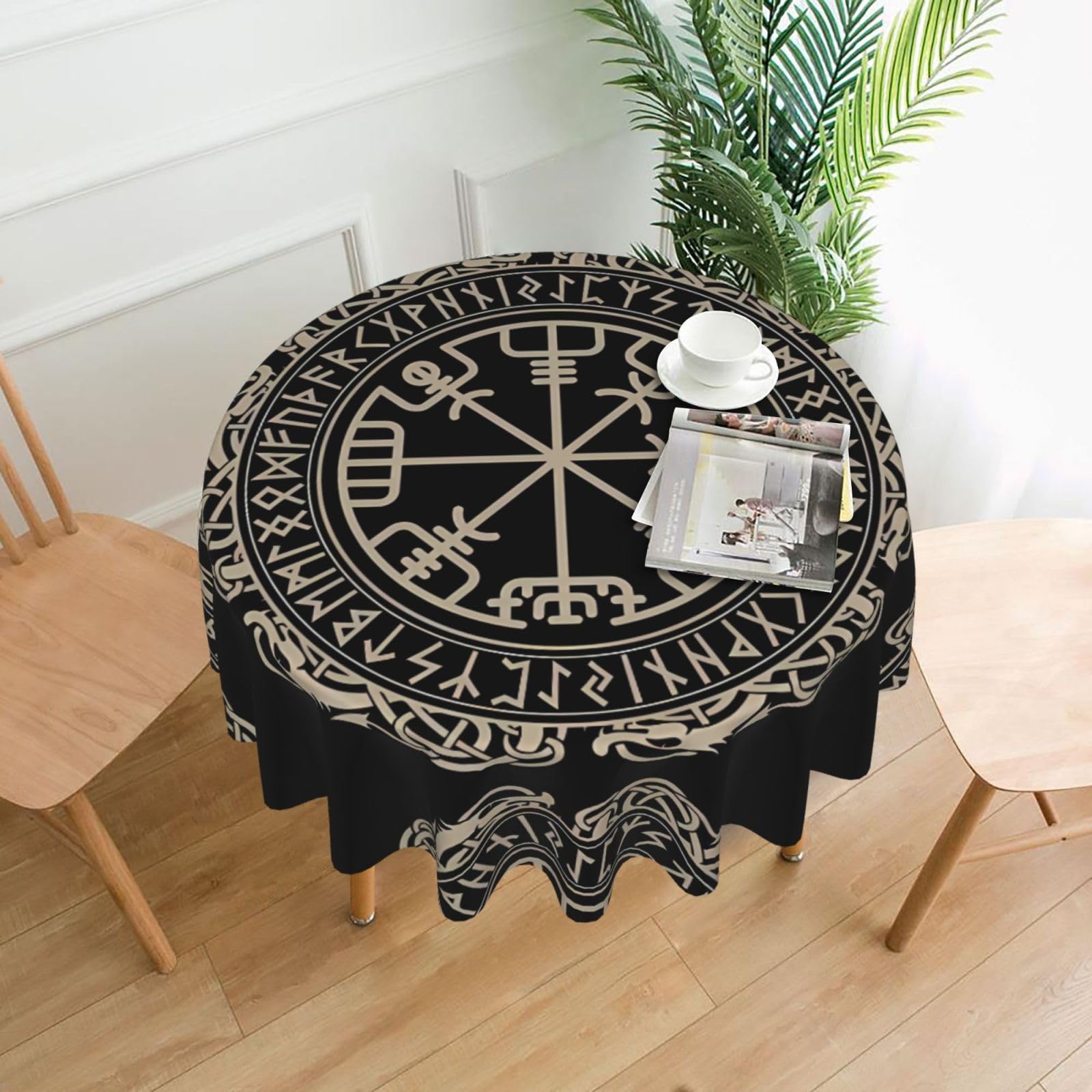 HJFCZH Magical Design Norse Runes Compass Prints Round Decorative Tablecloth 60in - High-Grade Polyester Throw for Dinners, Weddings & Everyday Use