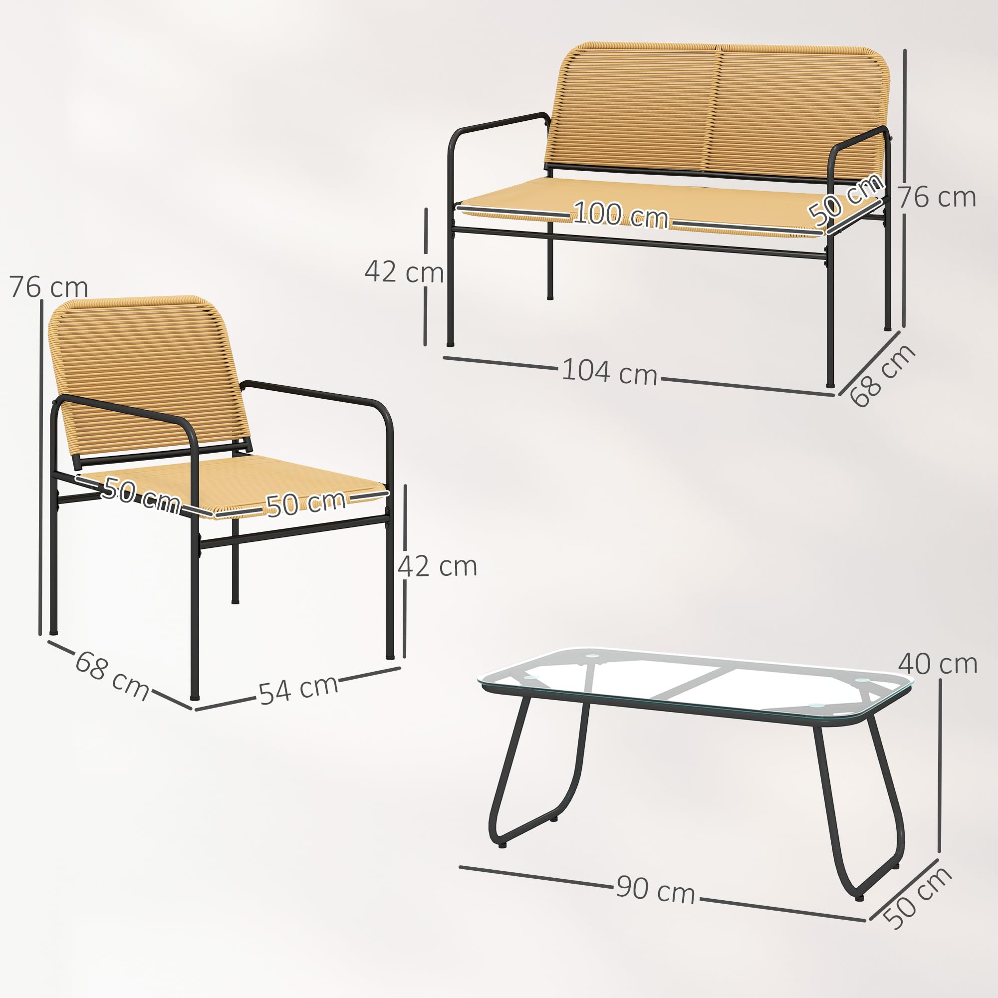 Outsunny Conjunto Jardín Exterior de Ratán, Muebles Jardín Exterior Resistentes a la Intemperie, Conjunto Terraza con Sofá de 2 Plazas, 2 Sillones, Mesa con Tablero de Vidrio Templado, Natural